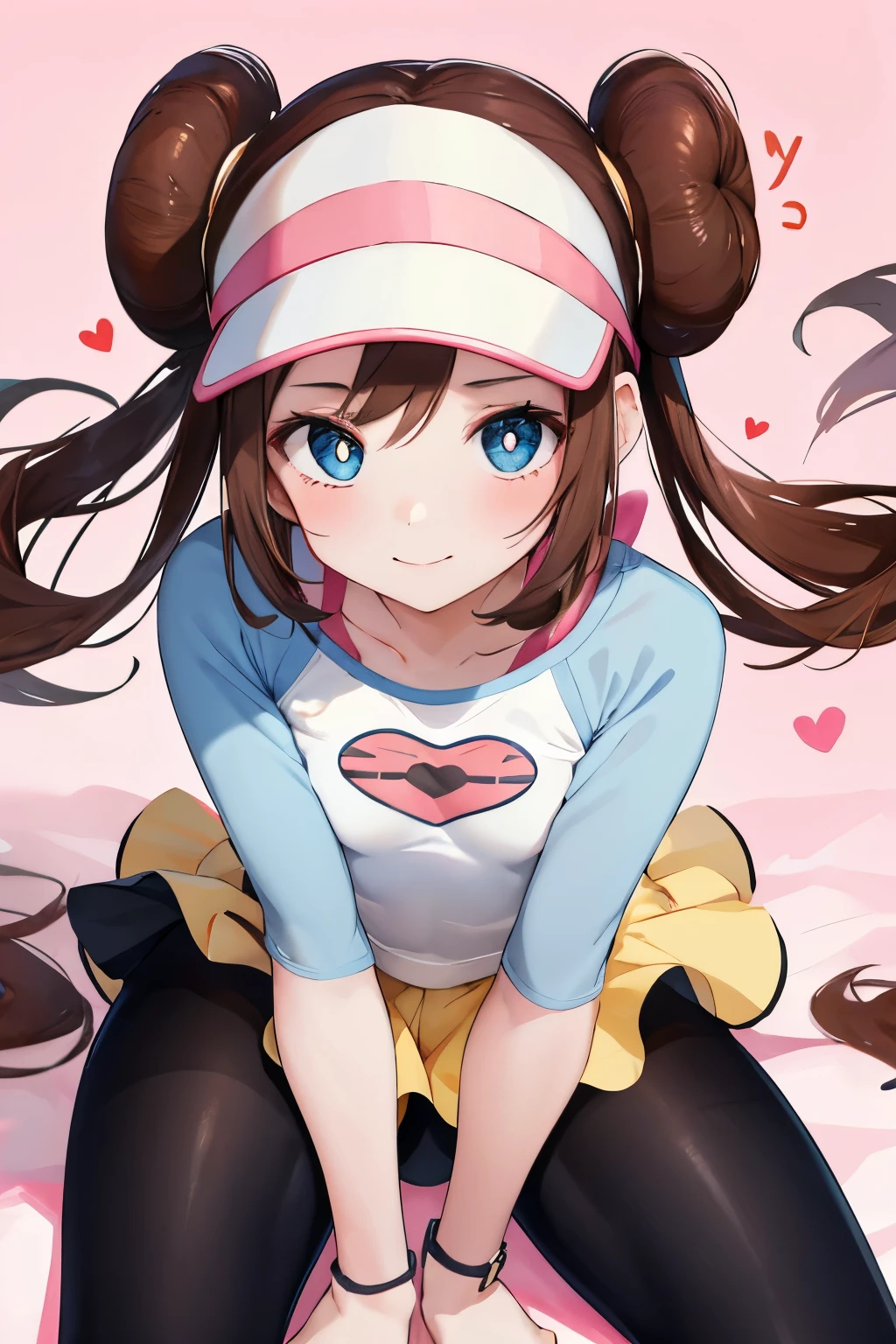 ​masterpiece, top-quality, hight resolution, RO1, Hair buns, blue eyess, Twin-tailed, Visor Cap, raglan sleeves, Yellow shorts, The shirt, Pink ribbon, Watches,large full breasts、、appealing breast、breastso、sexy tummy,  tetas grandes, solo, 1girl, BEDROOM background, hands on chest, embarrased, blush, smile, lying on bed, 