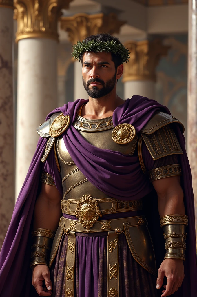 Close-up shot, Low angle shot, (A grand, opulent Roman palace with towering marble columns, golden statues, and luxurious draperies. Caligula, dressed in a richly adorned purple toga with a golden laurel crown, stands at the center. His expression is one of twisted amusement and power, his eyes gleaming with madness. The background is filled with ornate details—frescoes depicting Roman gods, and the dim light of flickering torches casting long shadows across the polished marble floors. ) unreal engine, cinematic, hyper-real, highly detailed, Ultra realistic HD --q 2 --v 6.1 --ar 9:16