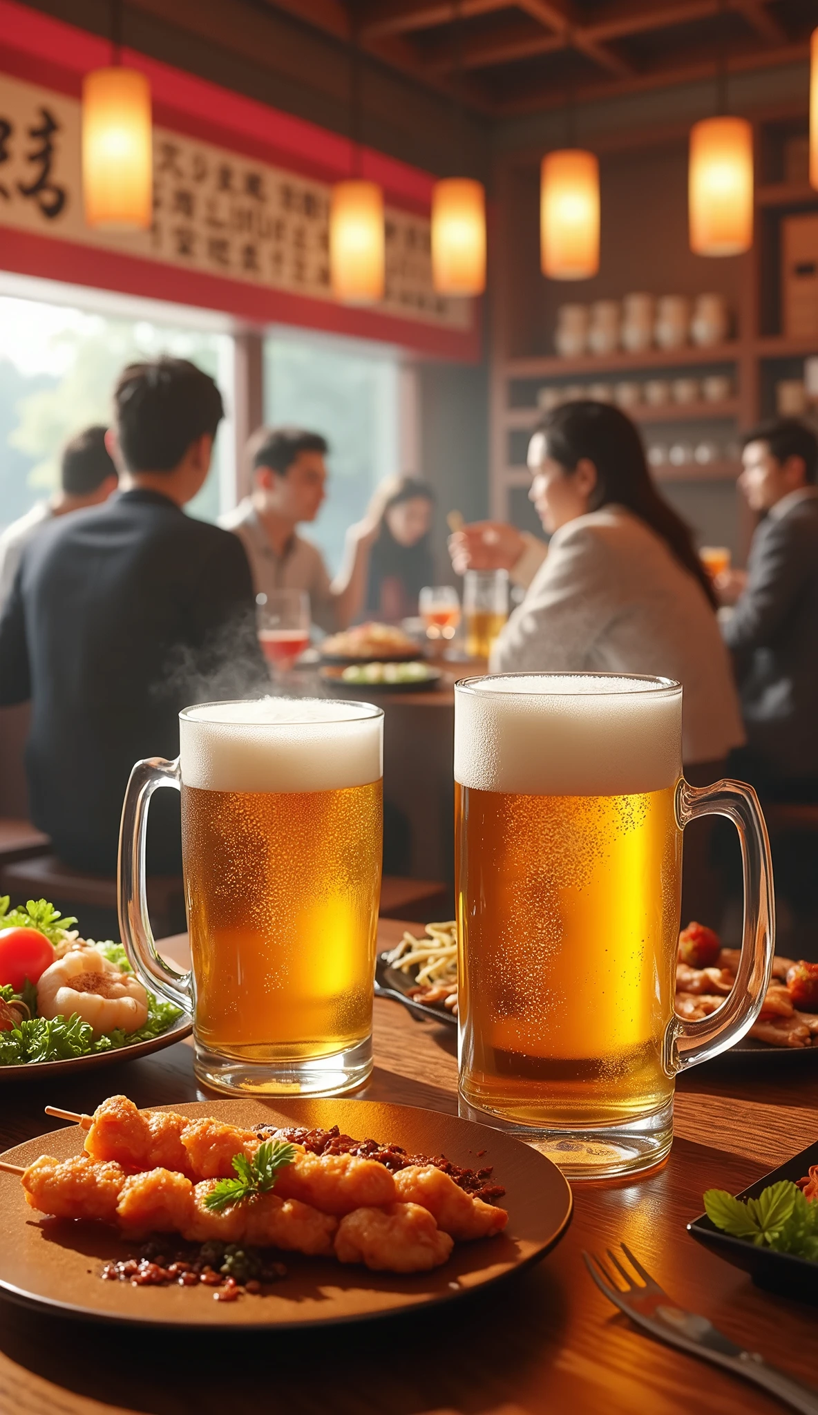 Japanese Izakaya、Japanese Skewer Restaurant、Skewers、Clear and golden beer、Asahi Superdry、Medium-sized mug with handle、Crystal Glass、Beautiful beer、Cold beer、Chic interior、Bustling interior、highest quality, High resolution, High resolution, masterpiece, detail, High detail, quality, High-resolution model, Ultra high definition, Very detailed, 3D Rendering, Realism, SurRealism, Super detailed, Fujicolor, Expressionism,
