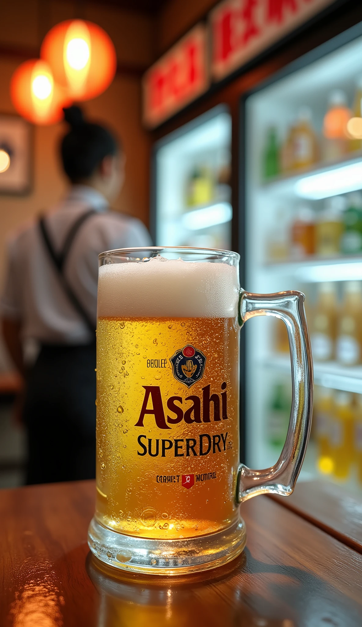 Japanese Izakaya、Japanese Skewer Restaurant、Skewers、A fridge full of beer、Beer Server、Clear and golden beer、Asahi Superdry、Realistic water droplets、Water droplets are transparent and have accurate reflections、Medium-sized mug with handle、Crystal Glass、Beautiful beer、Overall view、Cold beer、Chic interior、Bustling interior、highest quality, High resolution, High resolution, masterpiece, detail, High detail, quality, High-resolution model, Ultra high definition, Very detailed, 3D Rendering, Realism, SurRealism, Super detailed, Fujicolor, Expressionism,