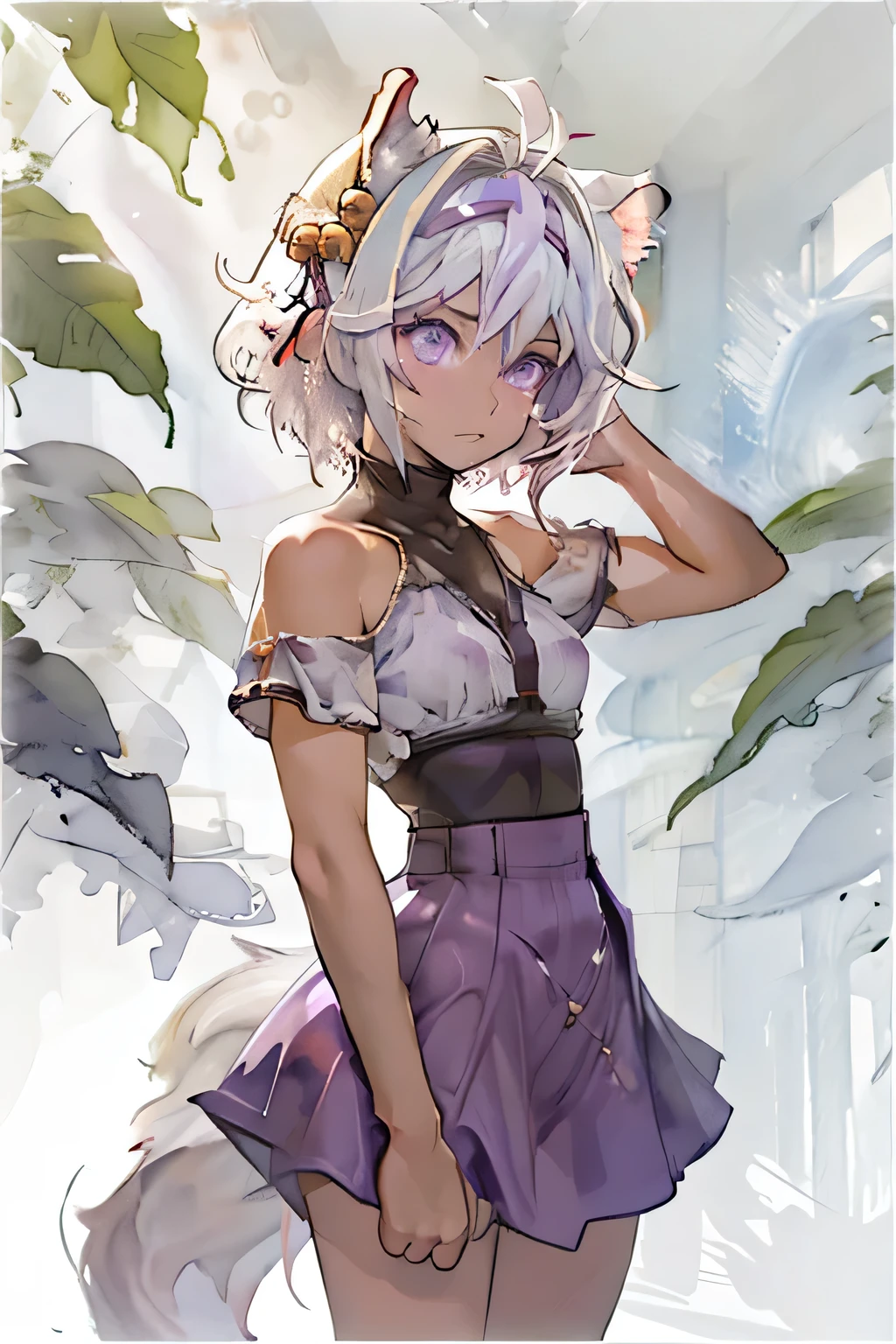 masterpiece, best quality, 1girl, solo, looking at viewer, (watercolor art, watercolor anime), filian, purple eyes, white hair, short hair, ahoge, animal ears, hair bell, hairband, tail, purple nails