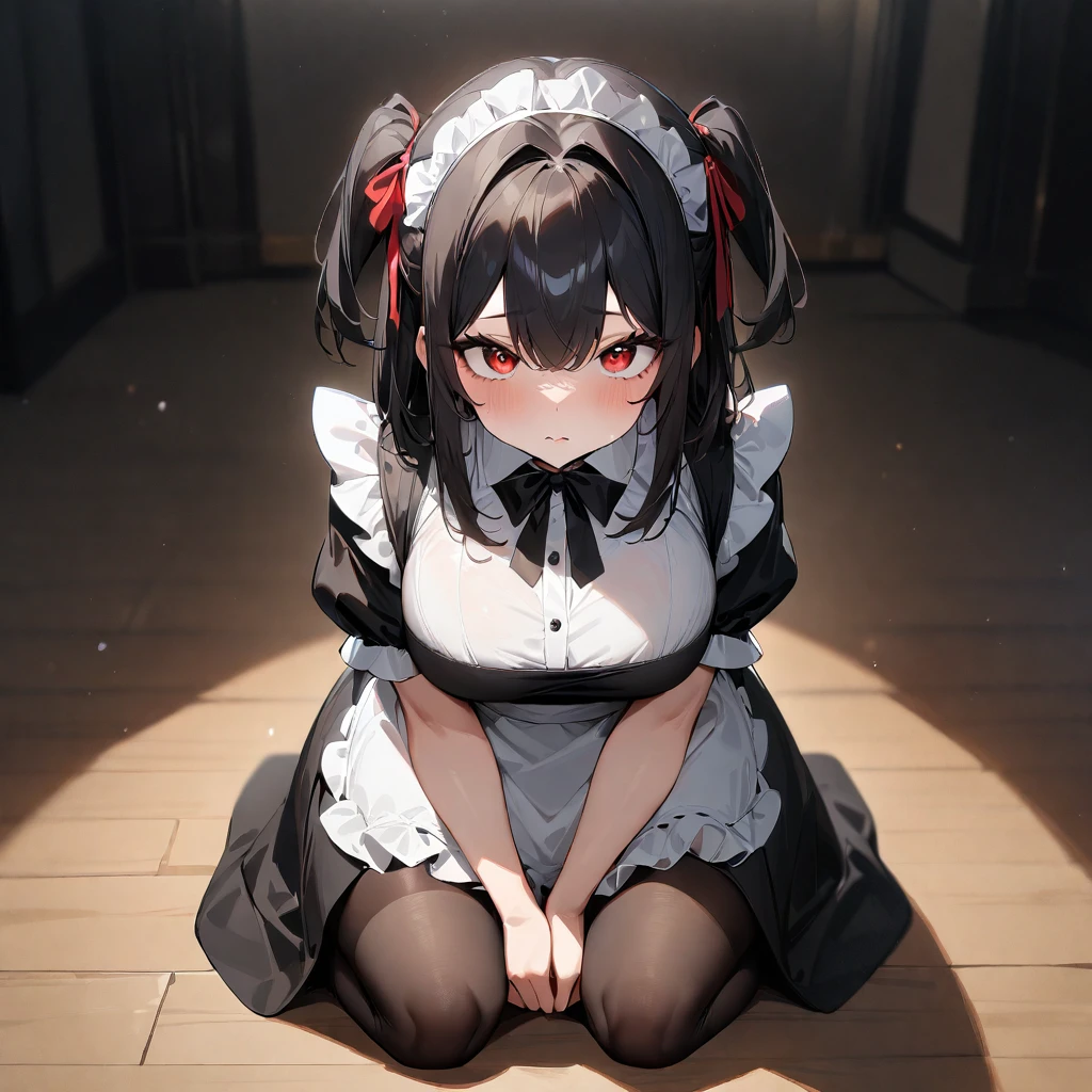 Maid clothes、Plump thighs、Best image quality、High resolution、masterpiece、super high quality、Brown bra、Brown panties、とてもBig Ass、Blushing、4K quality、Thick thighs、Big Ass、Blushed、Big Breasts、Proud face、Wearing black knee socks、Sticking out tongue