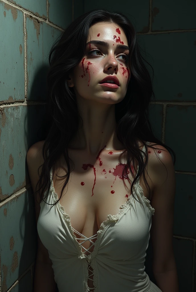 corpse, sinister, female, thin, pale, looking at the camera, ultra realistic, fully detailed, cemetery environment, bright eyes, stained with blood, bones exposed, putrid wounds, sensual, terrifying, bruised by the body, exposed fracture in the collarbone, slight smile, super detailed, white short hair, blood and wounds, stab wounds on body, dirty clothes