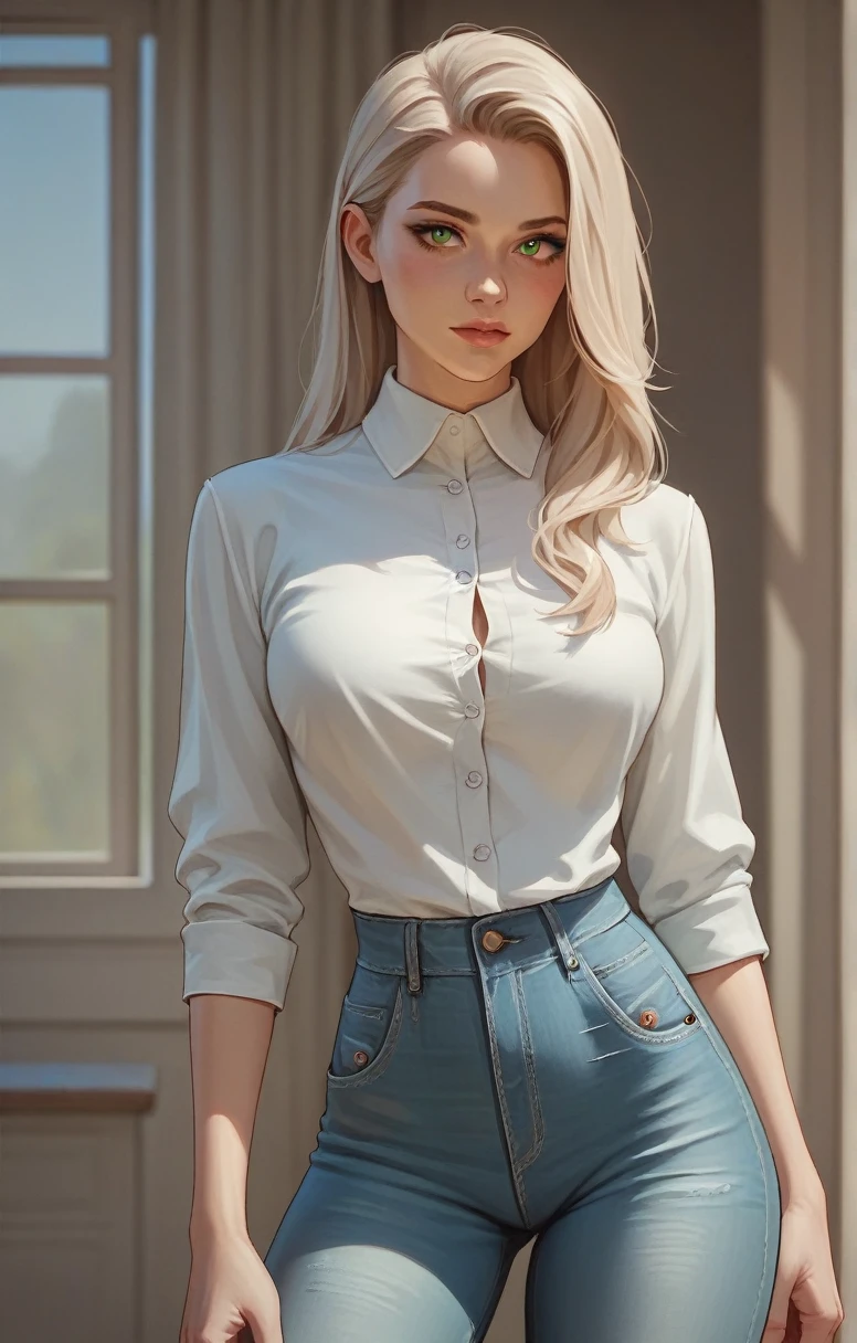 thin lady, culona, White skin, a dark green blouse with white buttons, big legs, small waist, jeans fitted to your figure