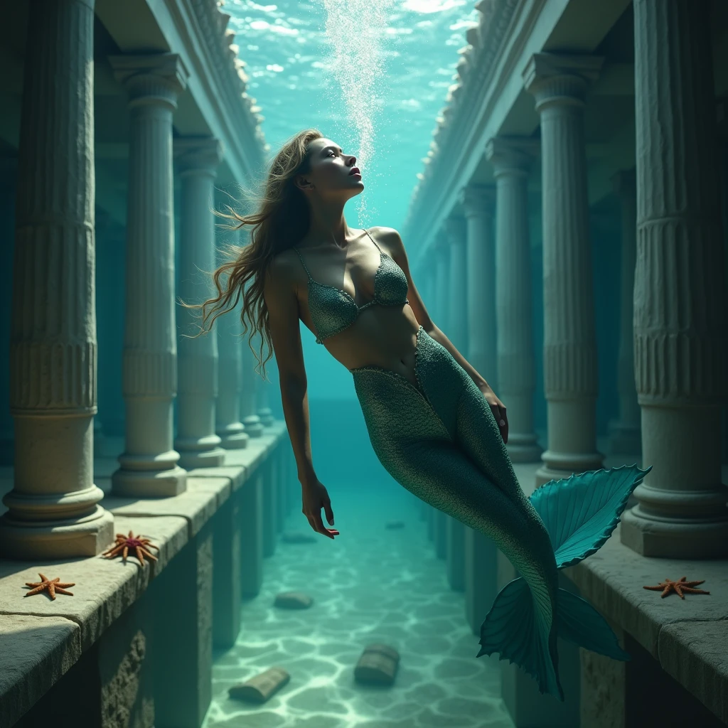 A majestic sea goddess is emerging from the ocean floor, surrounded by marine life. Light breaks through the water, creating an ethereal and mystical lighting around her. Her presence is awe-inspiring, with flowing hair and attire made of seaweed and shells, accentuating her connection to the underwater realm. A variety of fish and other marine creatures swim around her, adding to the sense of enchantment.

Details for creating a picture:

Main object:

Sea goddess with a regal and serene expression.
Flowing hair adorned with seashells, seaweed, and pearls.
Elegant attire made of seaweed, shells, and other oceanic elements.
Ambient:

Ocean floor, covered with sand and stones.
Marine flora: seaweed, kelp, and coral formations.
Marine fauna: various types of fish, jellyfish, sea turtles, and maybe dolphins.
Lighting & Atmosphere:

Scattered light penetrating through the water from above, creating soft light rays around the goddess.
Shadows and depth, giving the image realism.
Bluish and greenish shades, characteristic of the underwater environment.
Additional elements (Optional):

Ancient ruins or treasure chests in the background to add mystique.
Little air bubbles rising from the goddess and surrounding area.
Style and mood:

Realistic style with high detail.
Mystical and enchanting atmosphere.
Combination of divine and natural.
Technical specifications:

High resolution.
Realistic stylization.
Detailed elements of the goddess and the underwater world.
Effective use of light and shadow to create depth and realism.