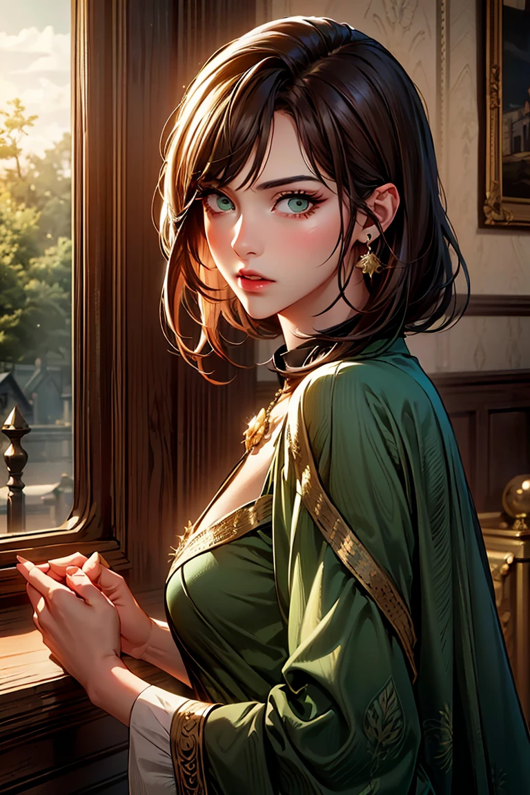 ((masterpiece, best quality, ultra-detailed, high resolution, extremely detailed CG, super detailed, Beautiful human body modeling, Most beautiful clean lighting)), Midsummer Scenery, backgroun with a foutain and hedges, 1 small woman, full body, seductive face, blushing, siren eyes, fox eyes, mean eyes, tsundere, beautiful eyes, small chest, enticing, extremely detailed face, adult face, green emerald eyes, foxy mature eyes, adult milf eyes, extremely detailed eyes, eyeliner, long eyelashes, full lips, brown hair, straight hair, straight bangs, shoulder length hair, hair cut at her shoulders, medium length hair, hourglass body, large hips, big butt, fat ass, thick thigs, pierced ear, piercing on ears, pretty hands, perfect hands, detailed hand, green nails, green royal dress, green royal lingerie, gold jewellery, elegant, looking at viewer, romantic atmosphere, seductive look, dim lit room, shy, defenseless, feverish