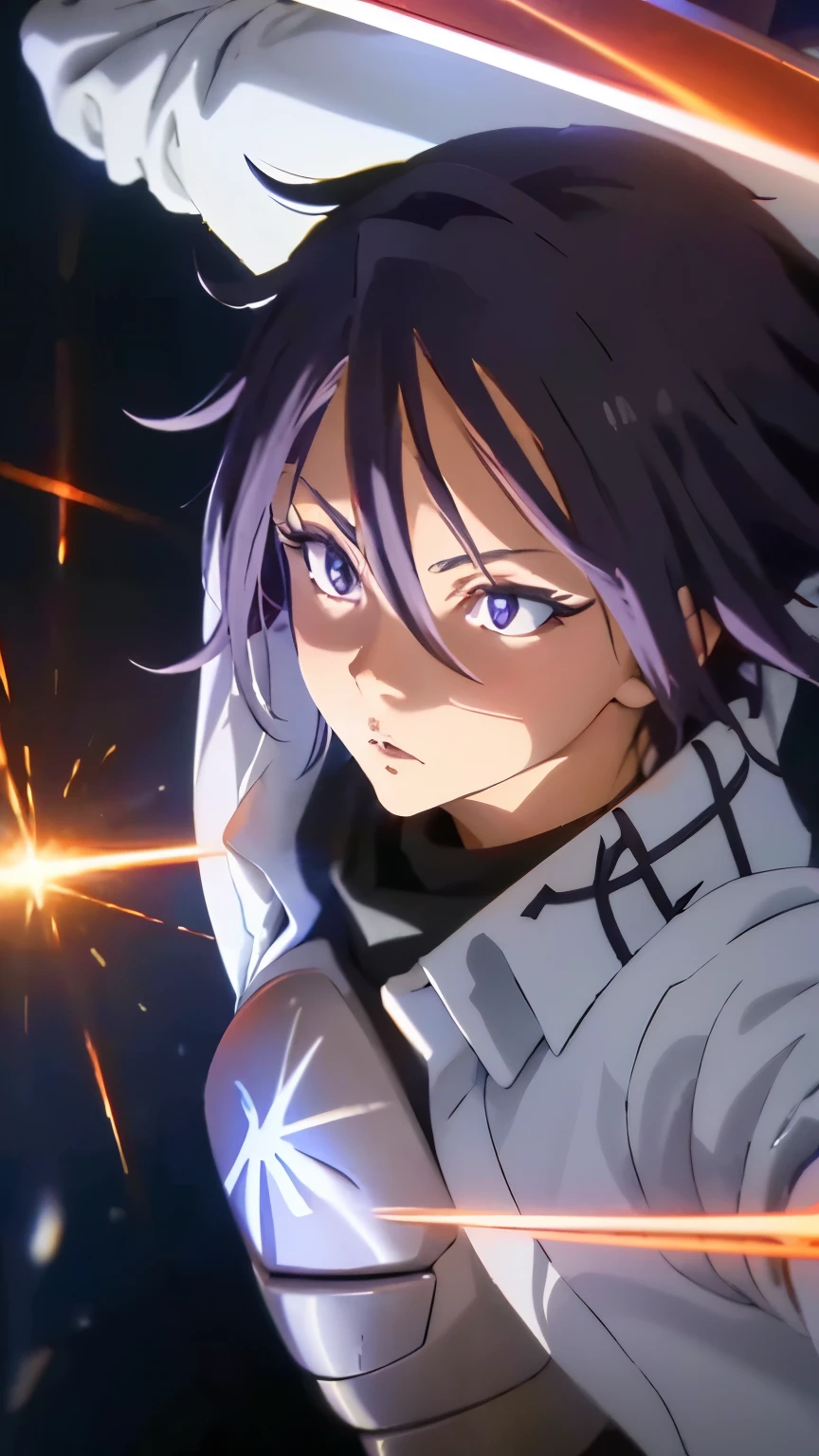 a detailed portrait of Hinata Sakaguchi from the anime "That Time I Got Reincarnated as a Slime", full body view, fighter pose holding a sword, dramatic red lighting, ultra-detailed, 8k, highly realistic, photorealistic, cinematic, masterpiece