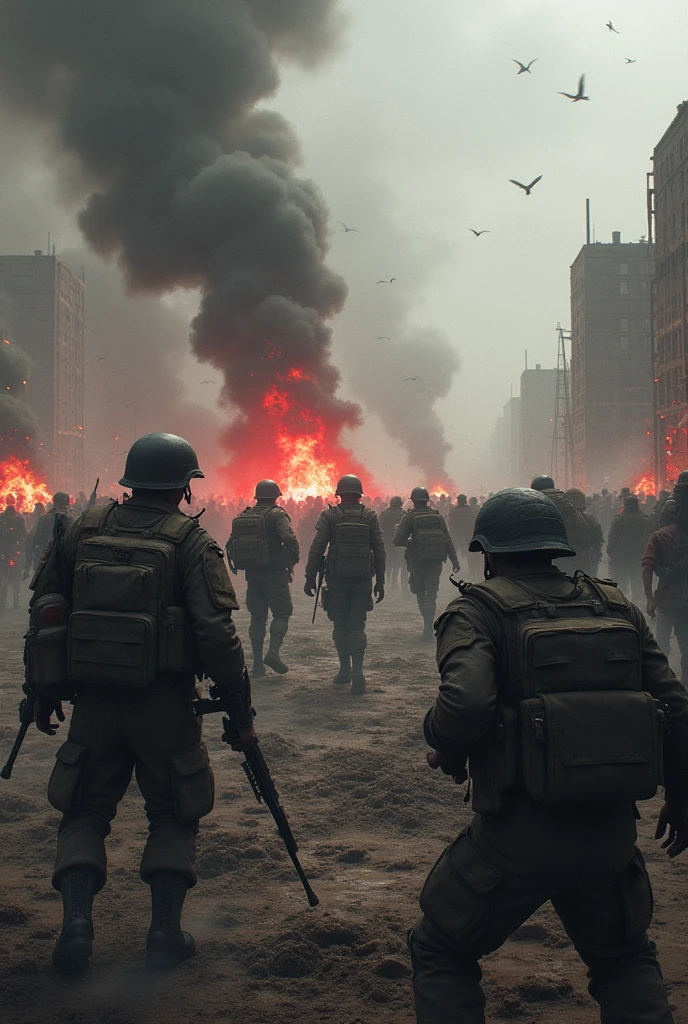 a close-up of a crowd of people with fire and smoke, soldiers attacking, nekro borja, settlement of aliens and people, journalistic photography, destroying the walls, publicity view, in screenshot from the film 300, us ministry photo journalism, planets colliding, inspired by Gustav Doré, anamorphic flames --auto --s2