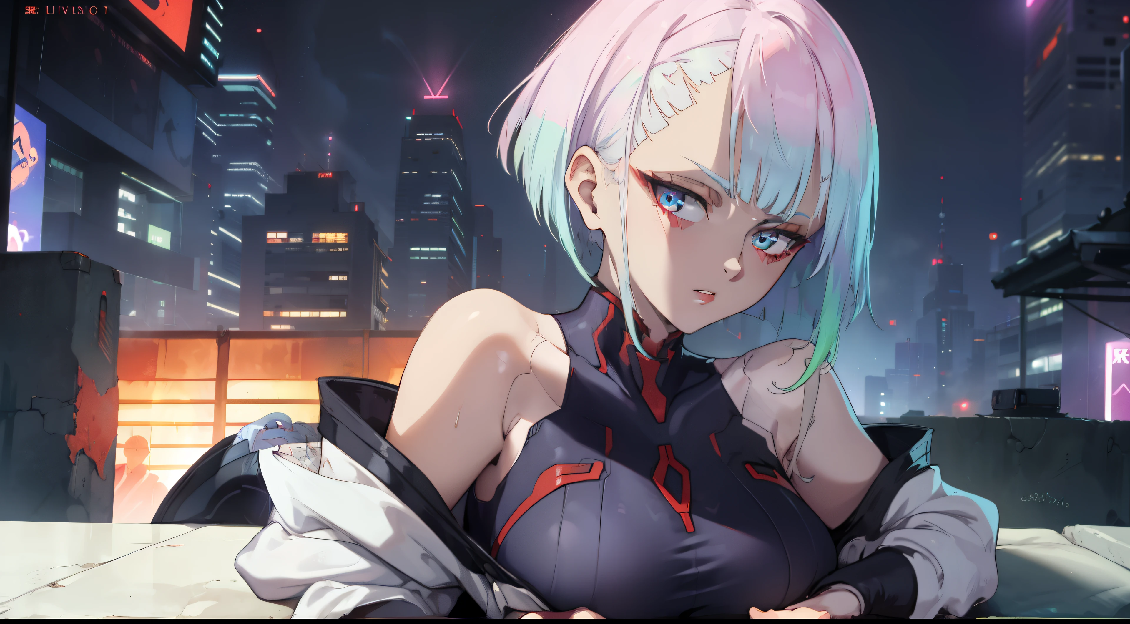 girl portrait, face close to the camera, standing with your back to the viewer, trunk, the night, lies, lying in an ice bath, sex, erotism, romantic, approximate face (eyes very detailed, Lips 1.1), face close, extends his hand to the viewer, Dark Composition, gloomy background, hall, very detailled. stays on the edge of the roof, somber atmosphere, eyes very detailed, grey-blue eyes, beautiful figure, ruins, city in ruins, eyes very detailed, facing at viewer, beautiful figure (Proper Anatopy 1.1.), in full height (Full Body 1.1), Scrawny, slender figure, shapely legs, anime styling, 2B do anime NierAutomato, white hair, hairstyle bob, Cutouts on the shoulders, Chest cutouts, Neckline at the waist, blackstockings, black short skirt, very detailled face, Very beautiful face, in full height (Full Body 1.1), small elastic breasts, Beautiful slender figure, femininity,Masterpiece artwork,best qualityer,highy detailed,8K resolution, Sharp high, 8K resolution, highy detailed, 8k hd, professional lighting, photon mapping,physics-based rendering, a perfect face, detailed face and body, Ray traced, expressive gaze,small elastic breasts, sexualidade intensificada,