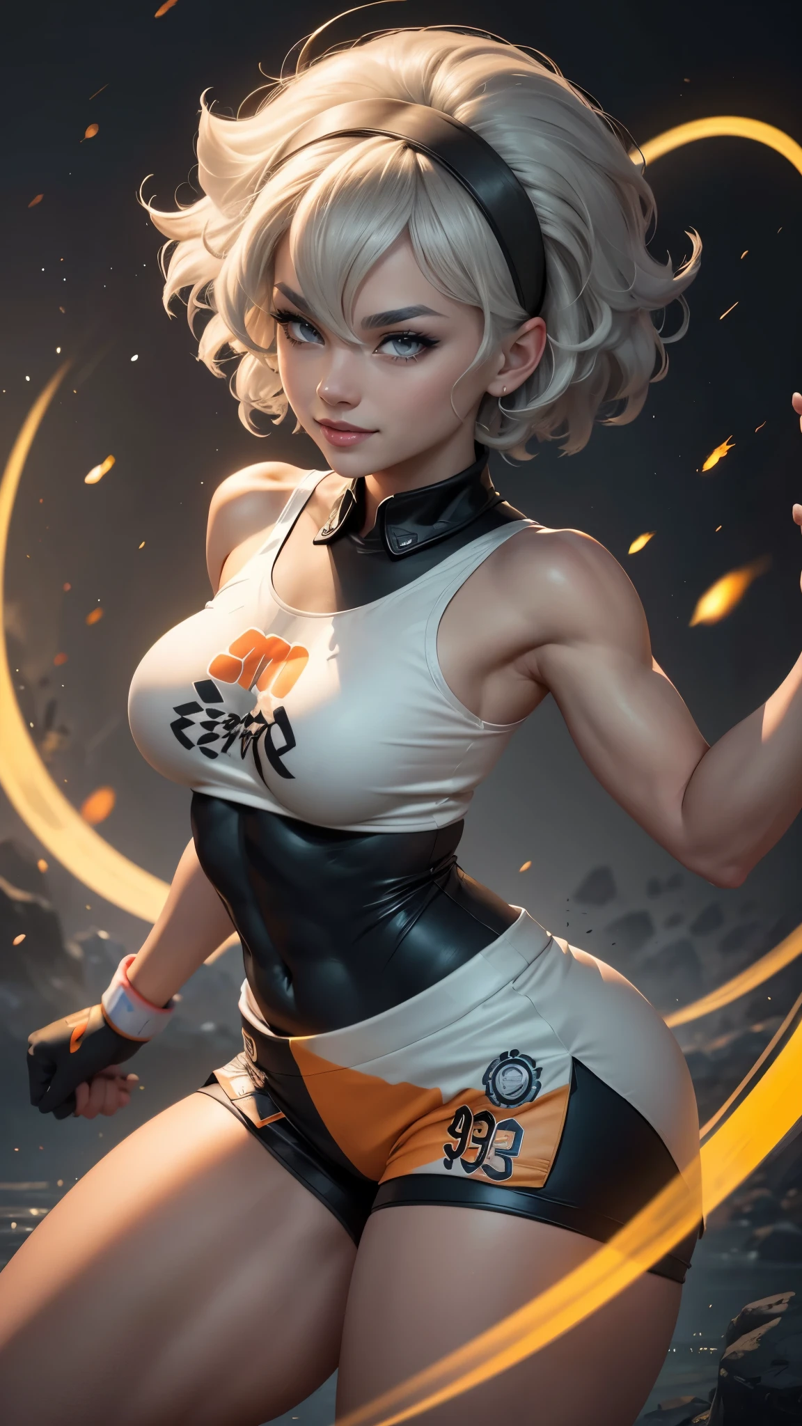 Fmajin, pele amarela, sozinho, cabelos amarelos, sorridente, MajEngrenagem, white baggy pants, cinto com a letra M, tampo do tubo, clivagem, Abs:0.4, outerspace, Estrelas, Meteoro, (insanamente detalhado, Rosto bonito e detalhado, master part, best quality)
