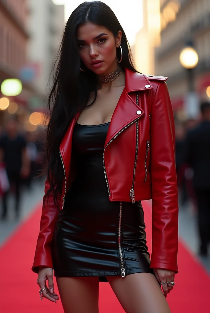 Caucasian woman; black hair, wavy hair, long hair, updo hair; blue eyes, lined eyes, ((highlight eyes)), shiny eyes; red lipstick, makeup; smile; (athletic body), medium breasts, nipples; (((legs))); (red jacket); (((black top))), (((black skirt))), (((short skirt))), black stockings; in city; ((back)), buttocks, ass, (back view).