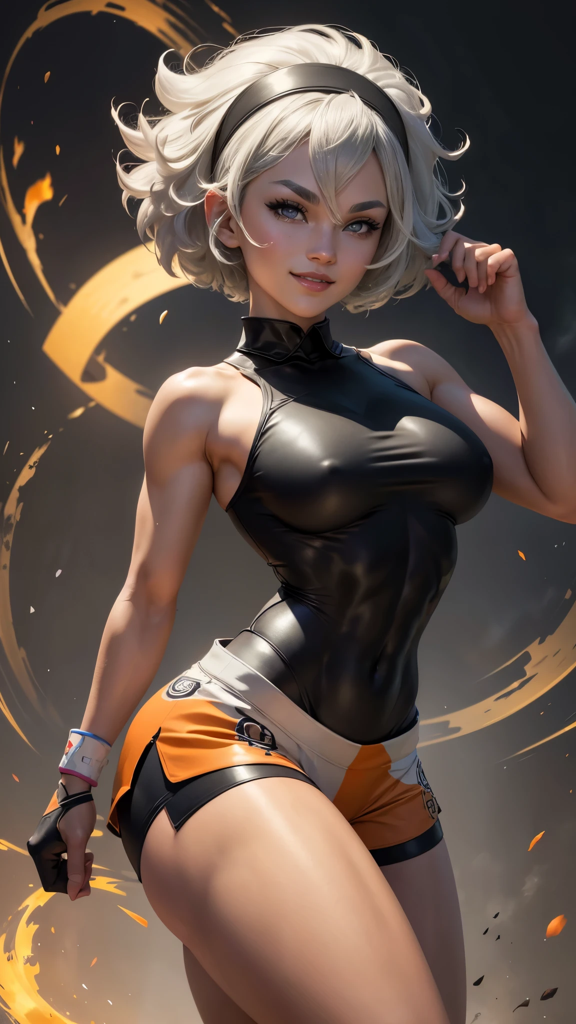 Bea da pokemon,(best qualityer,4K,8k,high resolution,work of art:1.2)(weather: windy), kung fu dojo background, short curly hair, gray hair, cropped shirt, micro shorts, thigh high stockings, headband, gloves, leotard, ultra detailed,realistic,beautiful detailed gray eyes, beautiful detailed lips,extremely detailed eye and face, long eyelashes,average,large breasts,flying hair,beaming smile, sexy smile, kung fu stance, bright coloured, dramatic lighting,