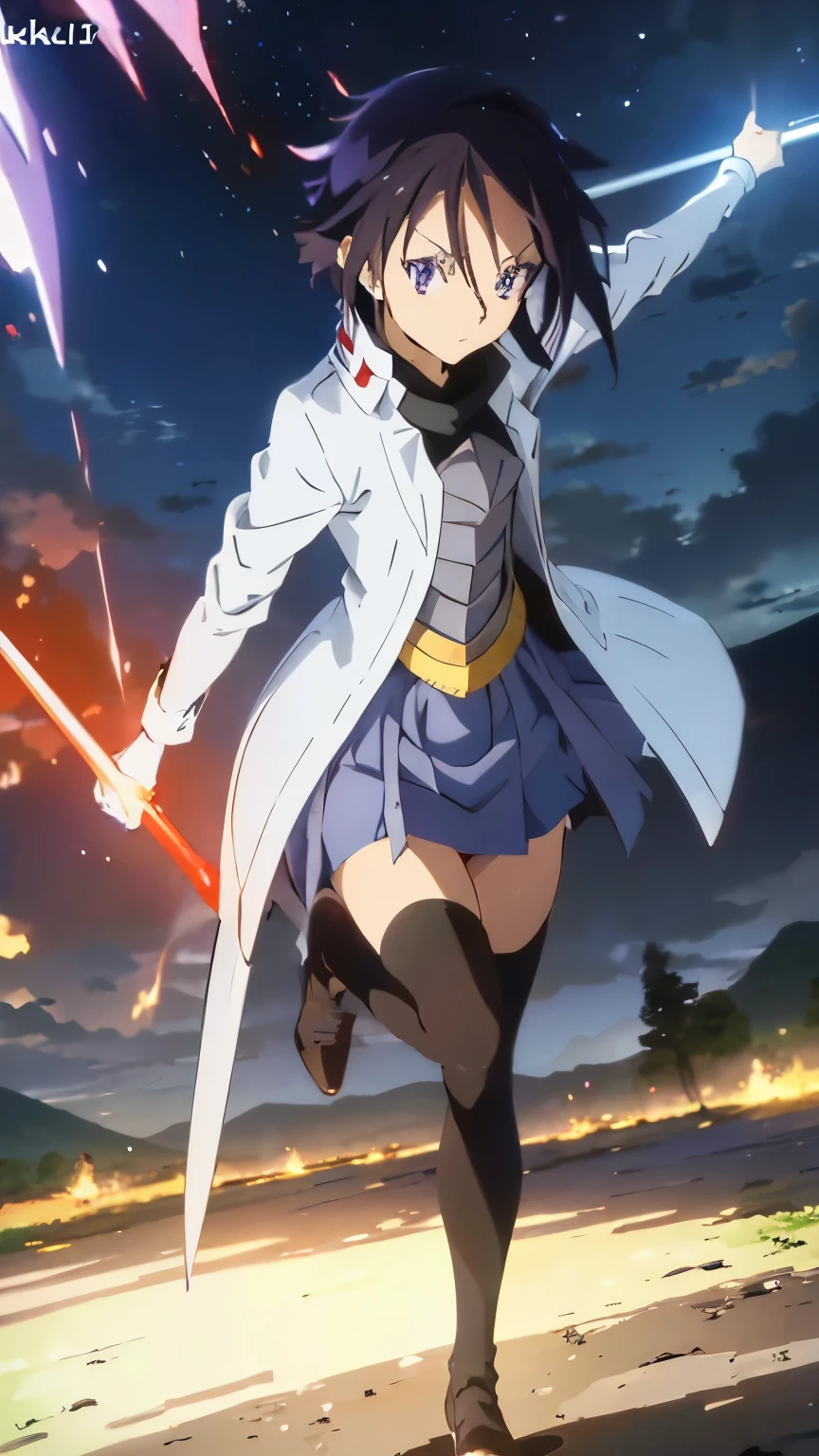 a detailed portrait of Hinata Sakaguchi from the anime "That Time I Got Reincarnated as a Slime", full body view, fighter pose holding a sword, dramatic red lighting, ultra-detailed, 8k, highly realistic, photorealistic, cinematic, masterpiece