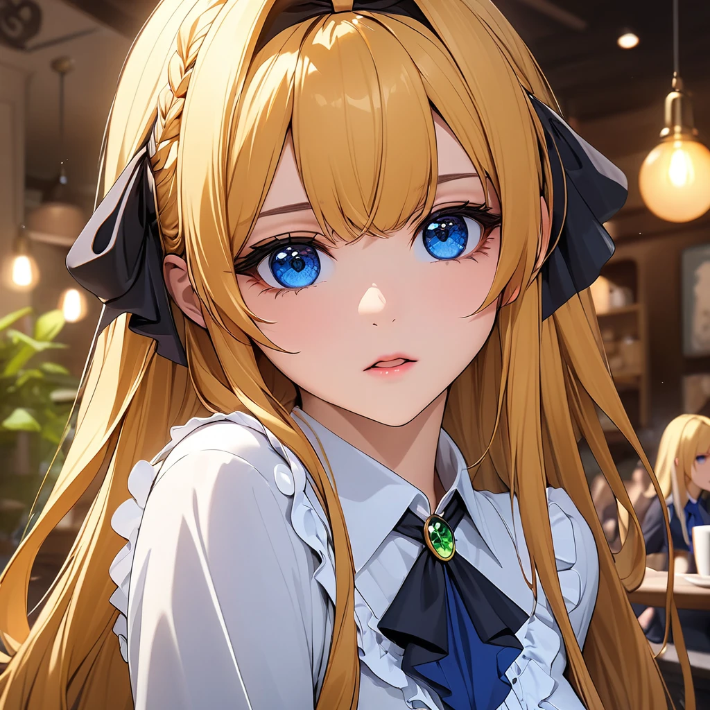 liana, 1girl,  Blonde, Long Hair, blue eyes, Frilled shirt, hair ribbon, black ribbon, Ascot, blue Ascot with green gem, Cafe Break - Faces are depicted in detail, down to every single eyelash, super detailed face, super detailed eye, sharp focus、masterpiece、hasselblad, 16K, highres, super details, uhd, masterpiece、Beautiful attention to detail:1.2, Perfect lighting, (perfect hand, perfect anatomy), Precise depiction, game cg, Vibrant colors