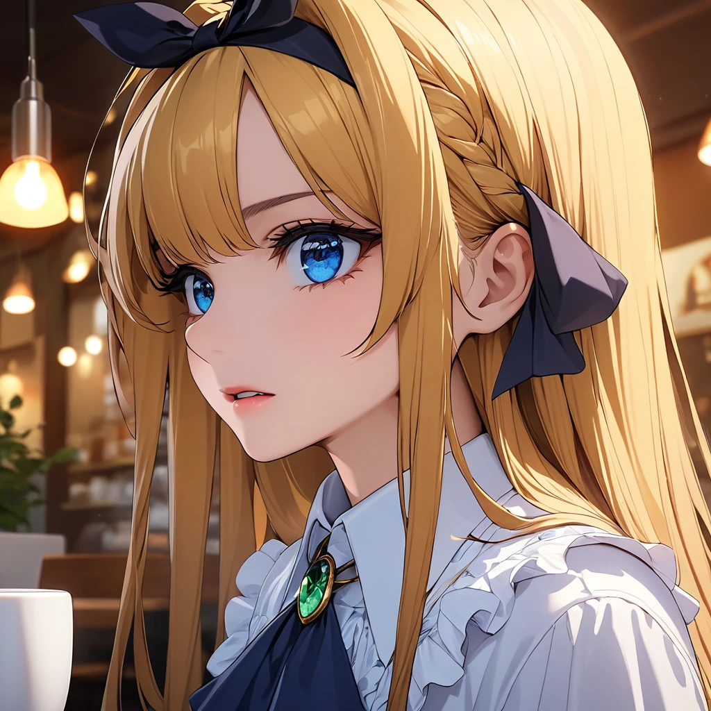 liana, 1girl,  Blonde, Long Hair, blue eyes, Frilled shirt, hair ribbon, black ribbon, Ascot, blue Ascot with green gem, Cafe Break - Faces are depicted in detail, down to every single eyelash, super detailed face, super detailed eye, sharp focus、masterpiece、hasselblad, 16K, highres, super details, uhd, masterpiece、Beautiful attention to detail:1.2, Perfect lighting, (perfect hand, perfect anatomy), Precise depiction, game cg, Vibrant colors