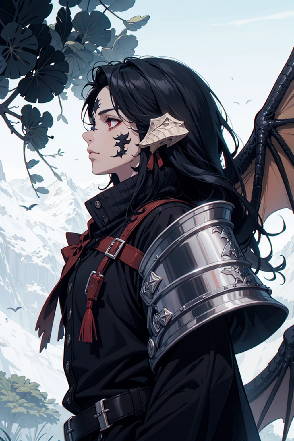 man, tall, red eyes, devil horn, dragon man, dragon horns, black scales, slick back hair, black hair, dragon tail, black au ra, wings, armor
