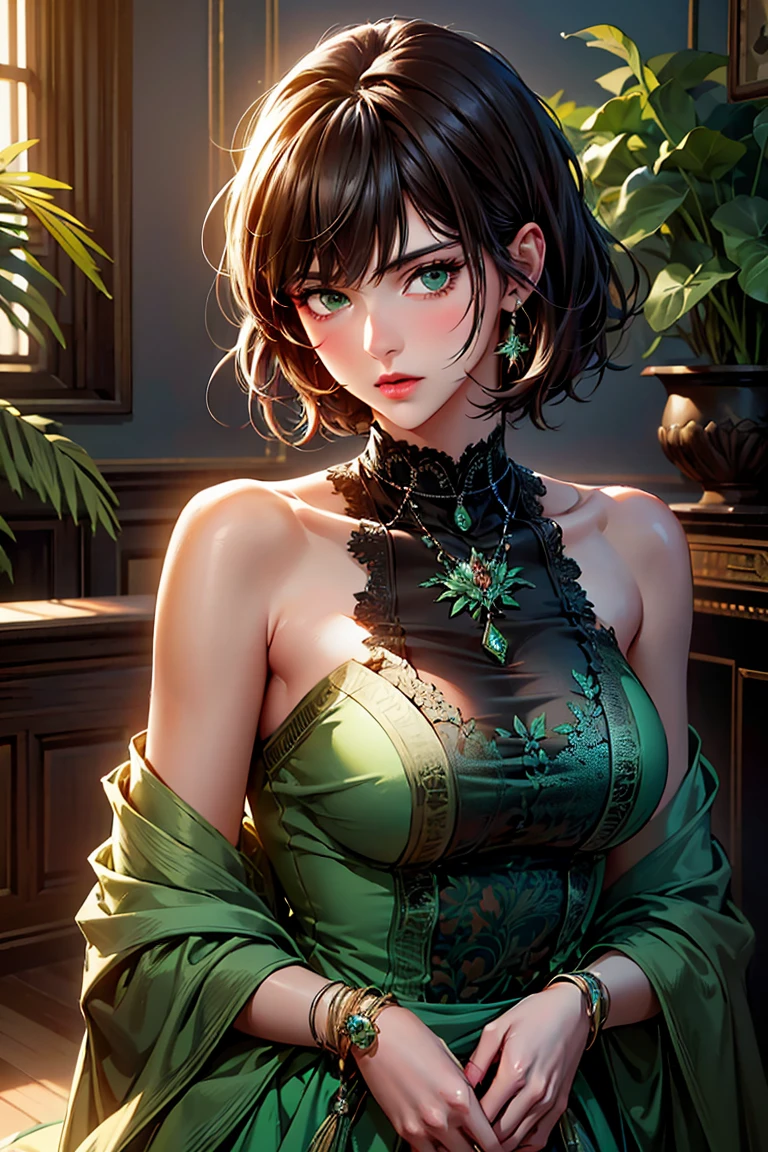 ((masterpiece, best quality, ultra-detailed, high resolution, extremely detailed CG, super detailed, Beautiful human body modeling, Most beautiful clean lighting)), yard background, backgroun with a foutain and hedges, 1 small woman, full body, seductive face, blushing, siren eyes, fox eyes, mean eyes, tsundere, beautiful eyes, small chest, enticing, extremely detailed face, adult face, green emerald eyes, foxy mature eyes, adult milf eyes, extremely detailed eyes, eyeliner, long eyelashes, full lips, brown hair, straight hair, straight bangs, shoulder length hair, hair cut at her shoulders, medium length hair, medium short hair, hourglass body, large hips, big butt, fat ass, thick thigs, pierced ear, piercing on ears, pretty hands, perfect hands, detailed hand, green nails, green royal dress, green royal lingerie, gold jewellery, elegant, looking at viewer, romantic atmosphere, seductive look, dim lit room, shy, defenseless, feverish