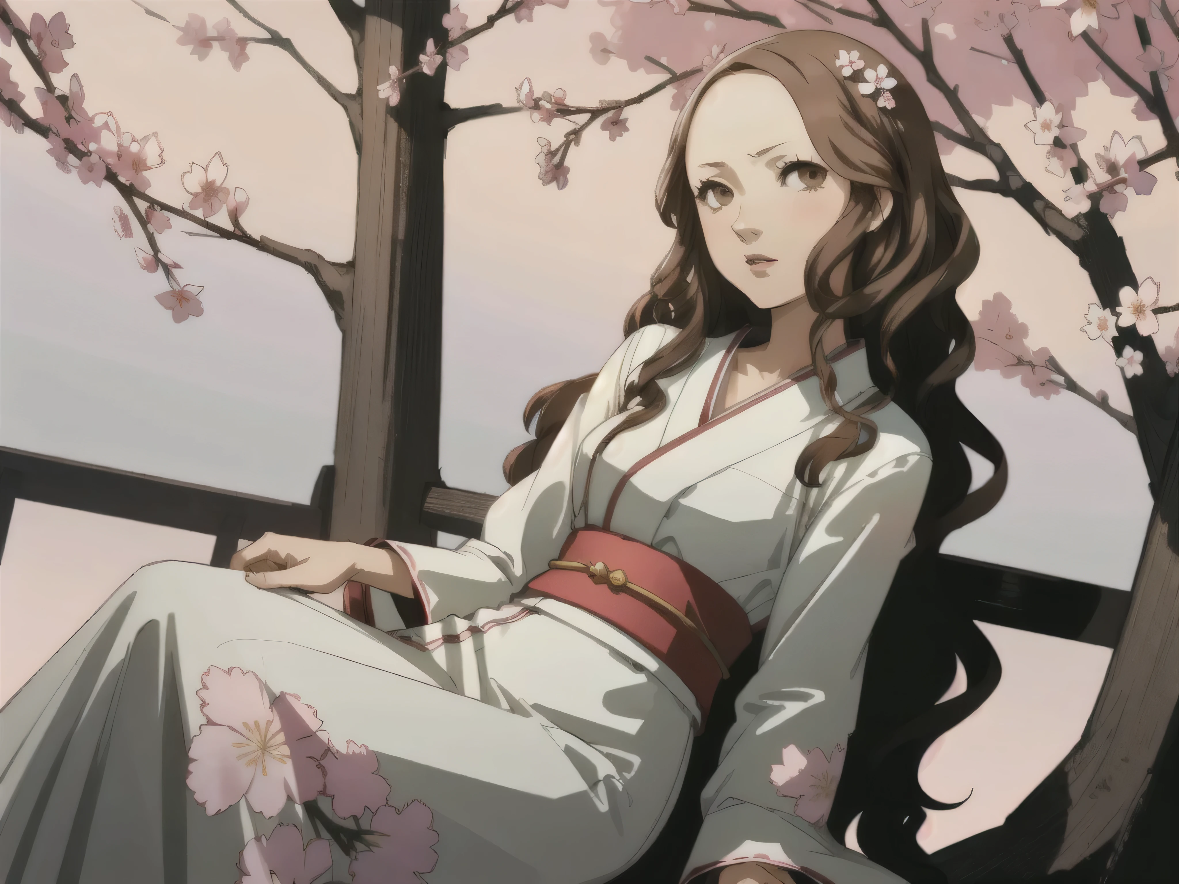 ((masterpiece, best quality))
Persona4AiEbihara, 1girl, solo, brown hair, brown eyes, in a traditional kimono, surrounded by cherry blossoms, one hand on the thigh