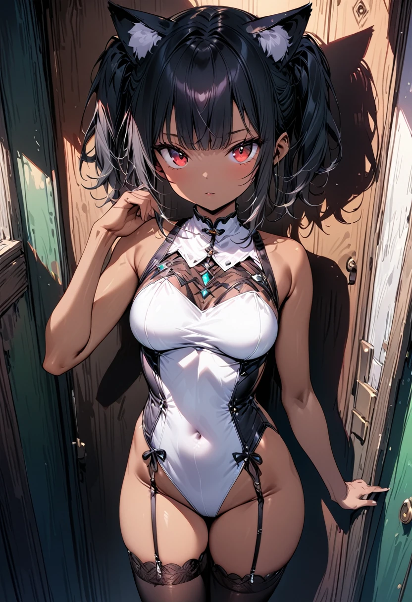 Slim waist, Constriction, 8K, Large bust, look spicy, Looking back, Voluptuous bod, ((((ultrahigh resolution)))), best quality, high resolution,1girl, kneeling, ((red eyes)), glowing_eyes, neon eyes, (ultra detailed eyes:0.7, beautiful and detailed face, detailed eyes:0.9), bright lighting, large chested, smile, from behind, big ass, ass shot, shot from behind, ((perfect hands)), beautiful lighting, ((beautiful)), cat ears, twin-tails, good anatomy, correct proportions, sexy, naughty, smirk, lewd, blush, seductive, seductive smile, attractive girl, sexy girl, lewd girl, intricate details, chromatic aberration, (masterpiece), ultra details, ultra quality, navel, white highlights, sharp eyes, (looking at viewer), detailed face, detailed iris, glossy lips, glow, neon lightlacklight:1.4), nsfw, teasing, masterpiece, excellent quality, high quality, partially submerged, bangs, very long hair:1.2) eyelashes, detailed face, detailed eyes, confident smile, detailed lips, night, wooden floor, breast, (Detailed ultra-oily shiny skin:1.1), (extremely detailed CG unity 8k wallpaper), (masterpiece), (best quality), (ultra detailed), finely detail, (Depth of field), glasses, wearing a glasses, black hair, red eyes, ponytail, hair ribbon