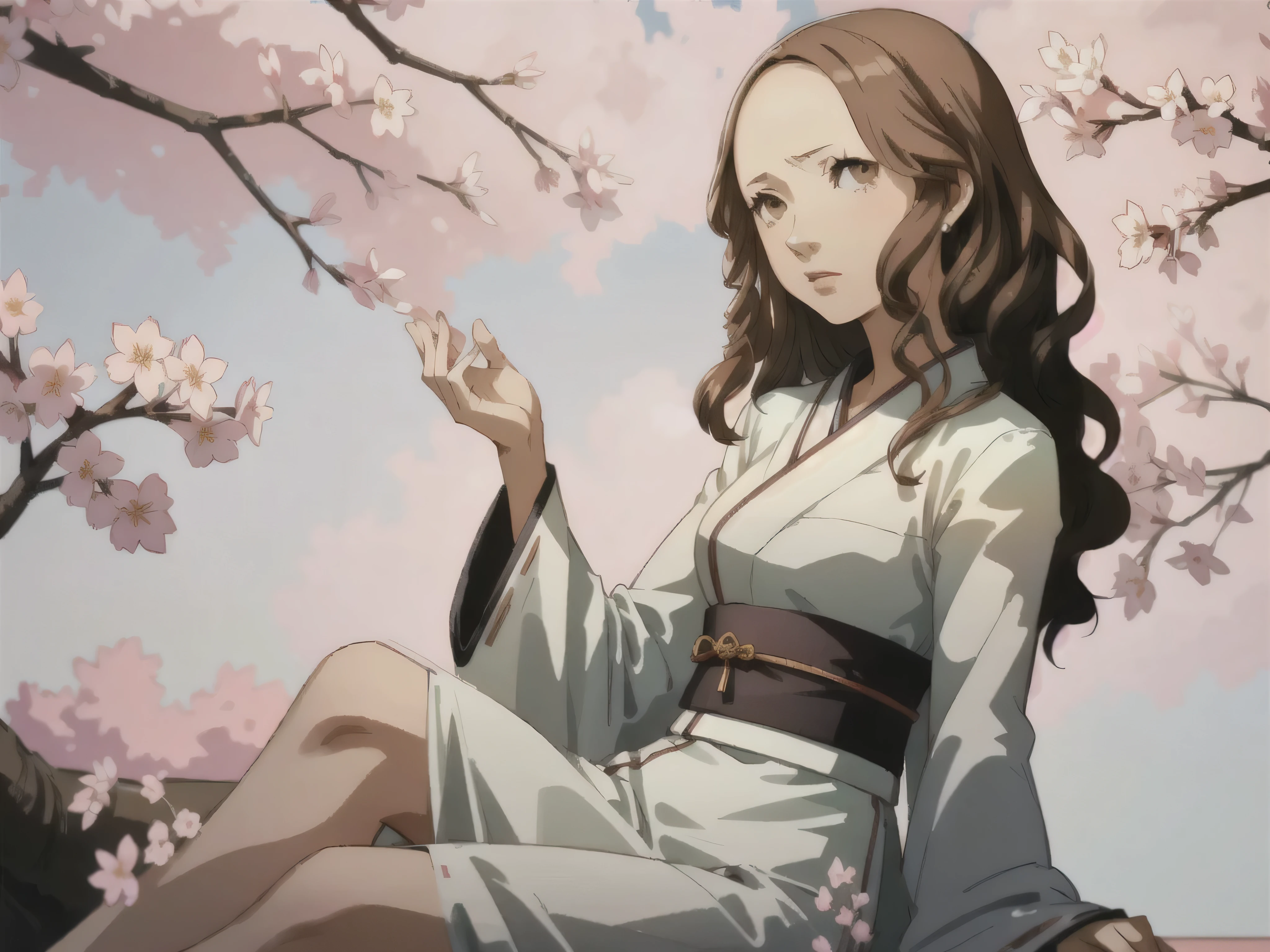 ((masterpiece, best quality))
Persona4AiEbihara, 1girl, solo, brown hair, brown eyes, in a traditional kimono, surrounded by cherry blossoms, one hand on the thigh