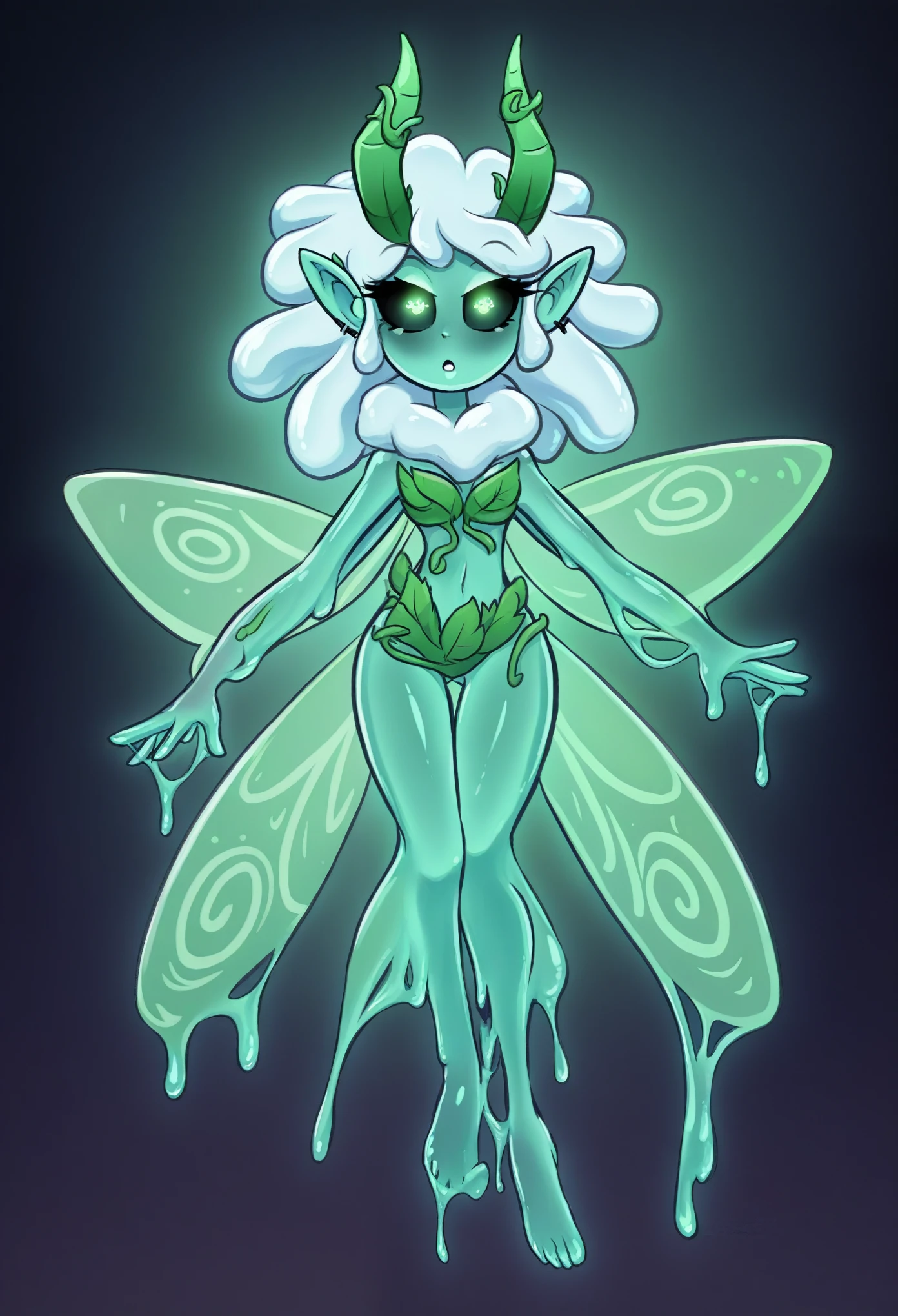 A moth-like fairy slime girl with vibrant, smooth, and slightly luminous purple skin. She has two long, curled demonic horns wrapped in vines, and delicate, pointed elf-like ears Her large, glowing green eyes, with slitted blue pupils and black sclera, shimmer with a soft inner light, enhancing her mischievous and enchanting expression. She has four slender arms lending her a unique and ethereal appearance. Her semi-transparent, mint-green fairy wings display intricate swirling patterns, completing her magical look. Her hair is a voluminous mass of curly white strands that frame her face, along with a fluffy, moth-like scruff around her neck resembling soft wool. Her slender figure is adorned with elegant, vine-like patterns snaking along her body, which intertwine with her extra set of arms. She wears a leaf bikini made from overlapping leaves in various shades of green, complementing the colors of her eyes and wings while revealing her midriff. Glowing runes trace softly across her skin, adding a mystical touch to her appearance. The image shows her entire form from head to toe, capturing her in a graceful pose, her legs slender and elegant, ending in delicate feet that seem to float above a glowing, magical surface. The atmosphere around her is misty and enchanting, filled with soft, radiant light. Vivid colors, intricate details, and an ethereal glow bring her to life, with a captivating face, piercing gaze, and an overall magical presence. detailed eyes, four arms, extra limbs, multi-limbed, masterpiece, 4k, 8k, high-res, ultra-detailed, vivid colors, intricate details, breathtaking scenery, glowing magical energy, highly detailed face, piercing gaze, sharp features, long eyelashes, ethereal, glowing runes on body, mystical, thicc, White Hair, Nice boobs, beautiful detailed eyes, shapely figure, flawless skin, glowing, detailed skin texture, glowing translucent slime body, flowing slime hair, ethereal, glowing eyes, intricate details, eight eyes