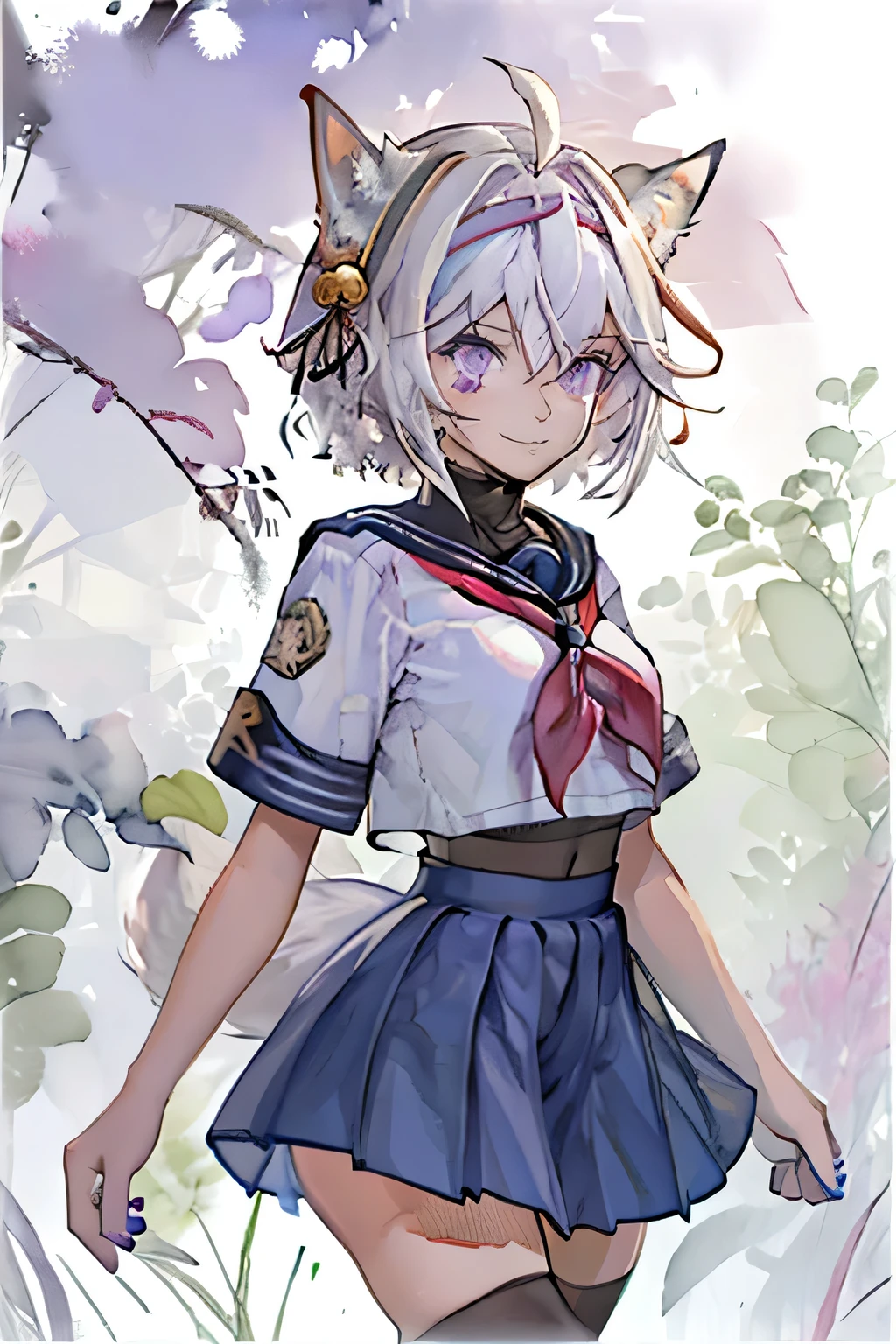 masterpiece, best quality, 1girl, solo, looking at viewer, (watercolor painting, watercolor anime), filian, purple eyes, white hair, short hair, ahoge, animal ears, hair bell, hairband, tail, purple nails, garden of words style, thighhighs, school_uniform, serafuku, black_thighhighs, neckerchief, red_neckerchief, short_sleeves, animal_ear_fluff, ahoge, white_shirt, sailor_collar, navy_pleated_skirt, smile, fox_ears, hair_bell, 