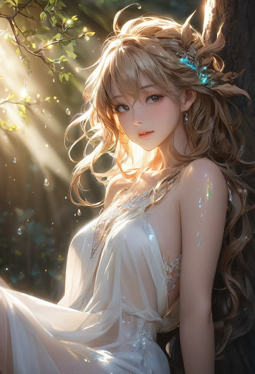 One girl, Female tree spirit, Wood Hair, Internal boiling acetic acid, Put a few drops of acetic acid on the skin,masterpiece,detail face,Beautifulface,Delicate skin、Glowing Skin、Delicate hair、Shiny Hair、cinematic lighting,(nsfw),sitting