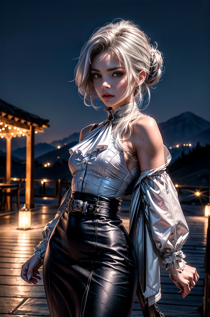 masterpiece,best quality, masterpiece, high detail,detailed face,detailed eyes,rendered eyes,perfect eyes,hip lines,crisp image,detailed,amazing,8k,8k wallpaper,8k background,high detailed skin,high res, (((cowboy shot))), solo, 1girl,looking at viewer,WillowSchnee, white hair tied up in a bun, low on the right side of the back of her head, while her bangs are shaped around the left side of her face and a small, curled lock of hair reaching almost to her shoulders. her attire consists of a black dress, white cravat secured by a silver brooch set with a red stone,  a wide belt around her waist,  black tights and red shoes. serious expression, outdoors, night, stars, standing near mansion, wedding reception, on mountainside, overlooking valley, river,  (crowd in military uniforms), tables (volumetric lighting), sharp focus, hyper detailed 