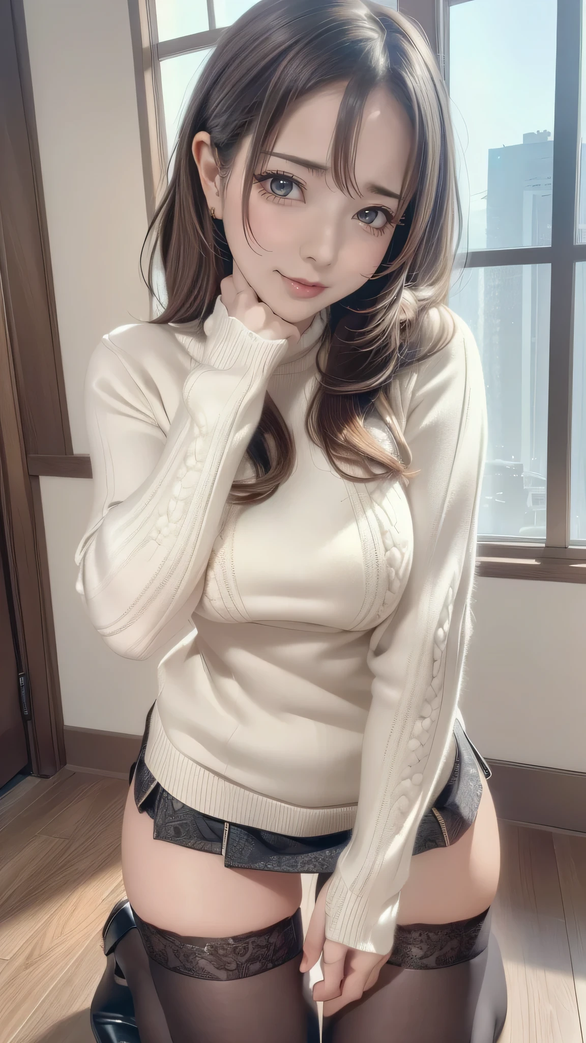 (random pose),(Highest image quality,(8k),ultra-realistic,best quality, high quality, high definition, high quality texture,high detail,beautiful detailed,fine detailed,extremely detailed cg,detailed texture,a realistic representation of the face,masterpiece,Sense of presence),sweater,tight mini skirt,stockings,Engineer boot