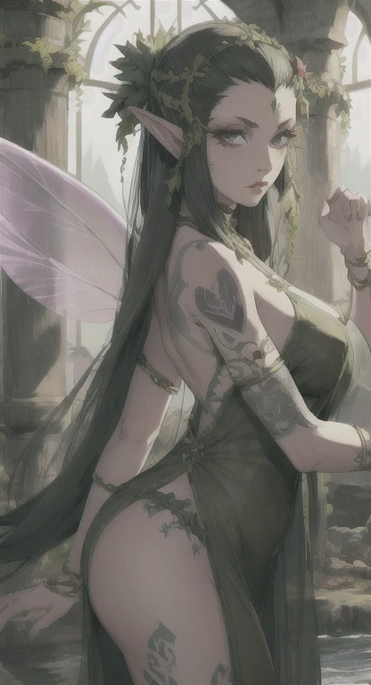 ,seductive smile,closed mouth,mila, single_horn,tail, wings, jewelry, dress, dragon tail, green wings, bracelet, circlet,forest,sunlight,(masterpiece, best quality, ultra-detailed, best shadow), (dress dragging down), ((naked breasts)), (lay down), ((fair skin)), ((pink nipplees)), ((big nipplees))