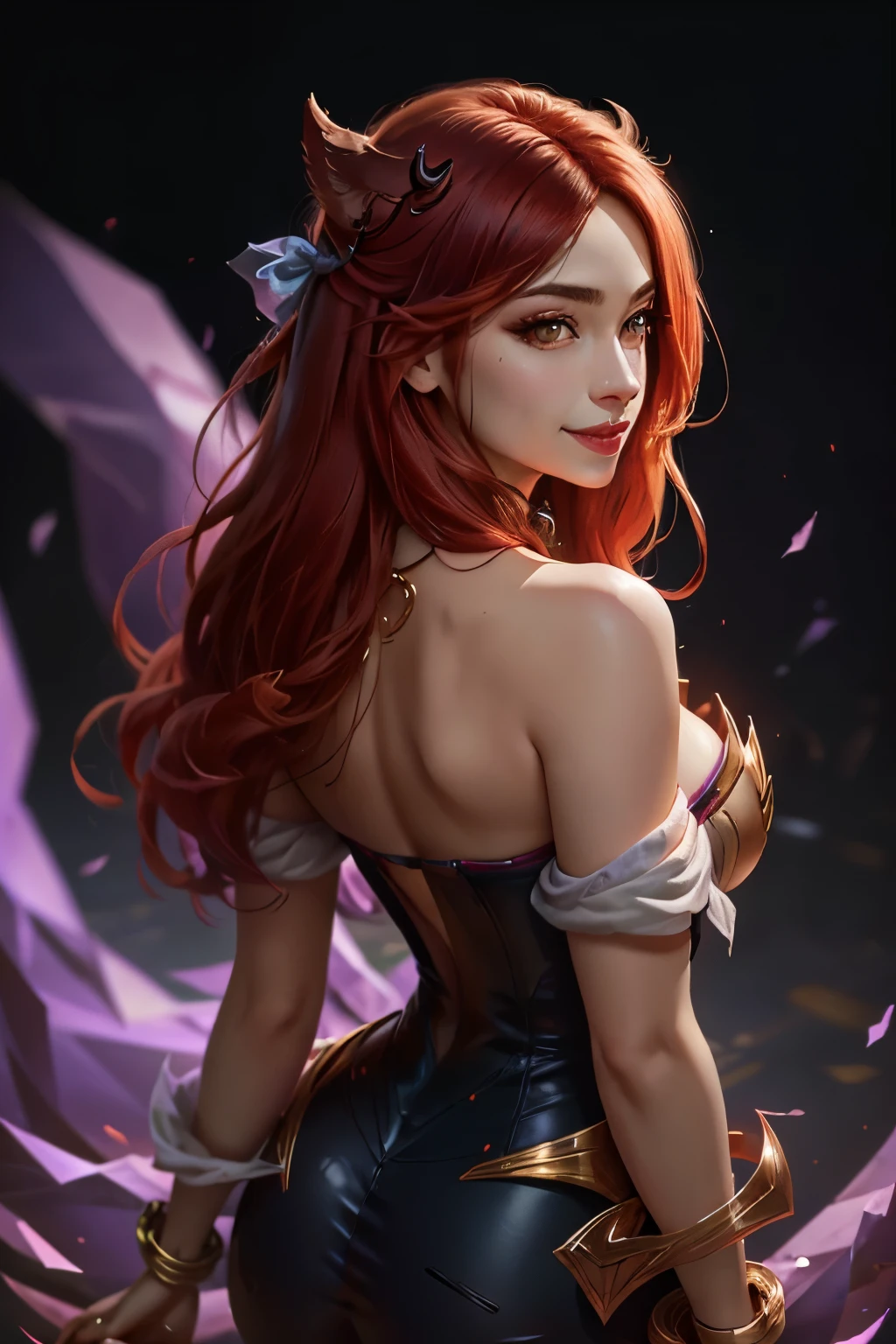 (work of art, best qualityer:1.2), details Intricate, kda ahri cosplay, 1 girl, neckleace, Overview, rear view, strapless, drlight smile, Nessa, long red hair, aretes, make up, 