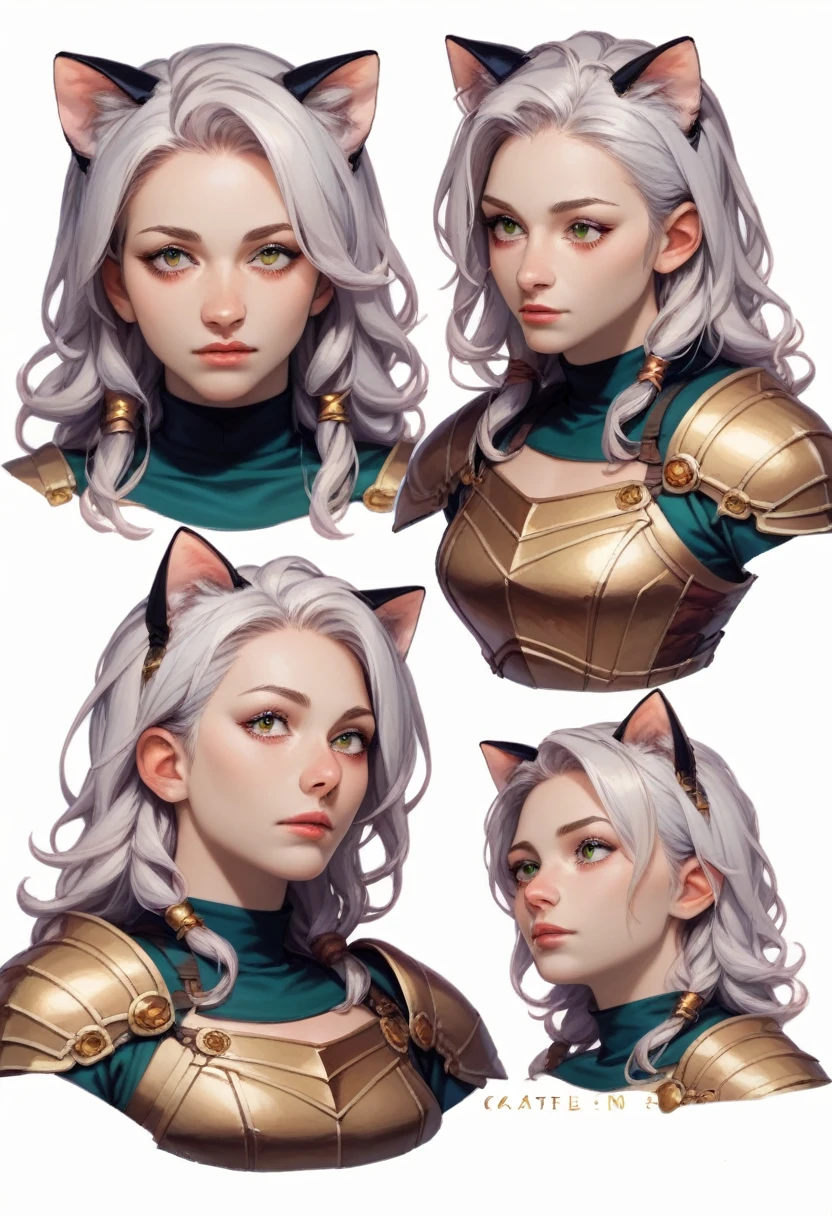 best quality, masterpiece, ( 1girl ), (full body), grayish white hair, stelle hair, medium large chest, cat ears and tail, gold cat eyes, wearing rogue armor, green and brown armor, exposed belly, fair skin, mature but playful face, simple lighting, conceptart,multiple views,white background,simple background