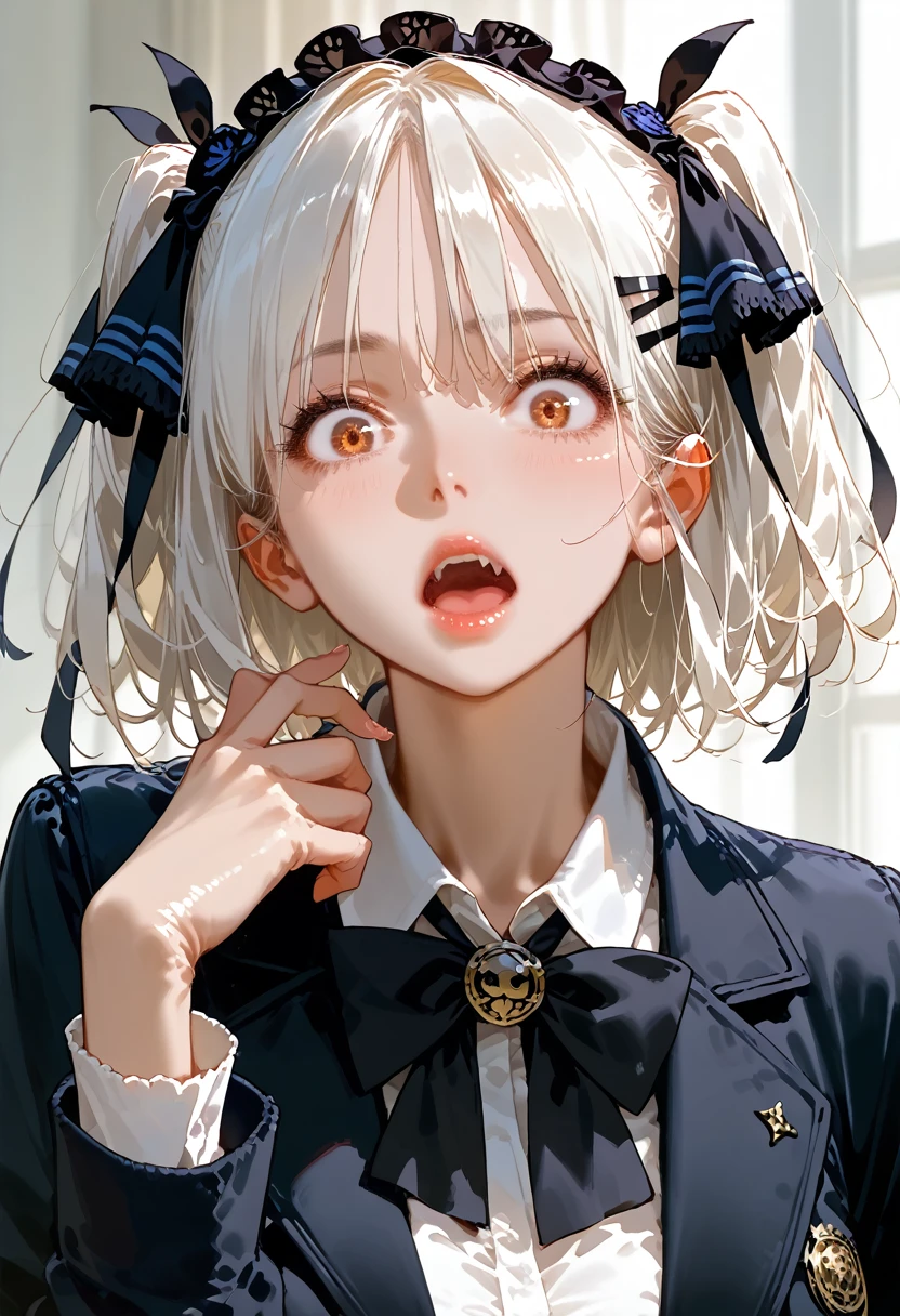 (Highest quality,Super detailed,High resolution:1.2),beautiful woman with perfect face,very_Long eyelashes, Detailed lips, Cool look, Soft Skin, Shiny Hair,Exquisite makeup,Heavy bangs，Screaming，Dilated grey eyes，Long straight blonde hair with pink tips，Student uniform、Navy blazer over a white shirt、Ribbon at collar