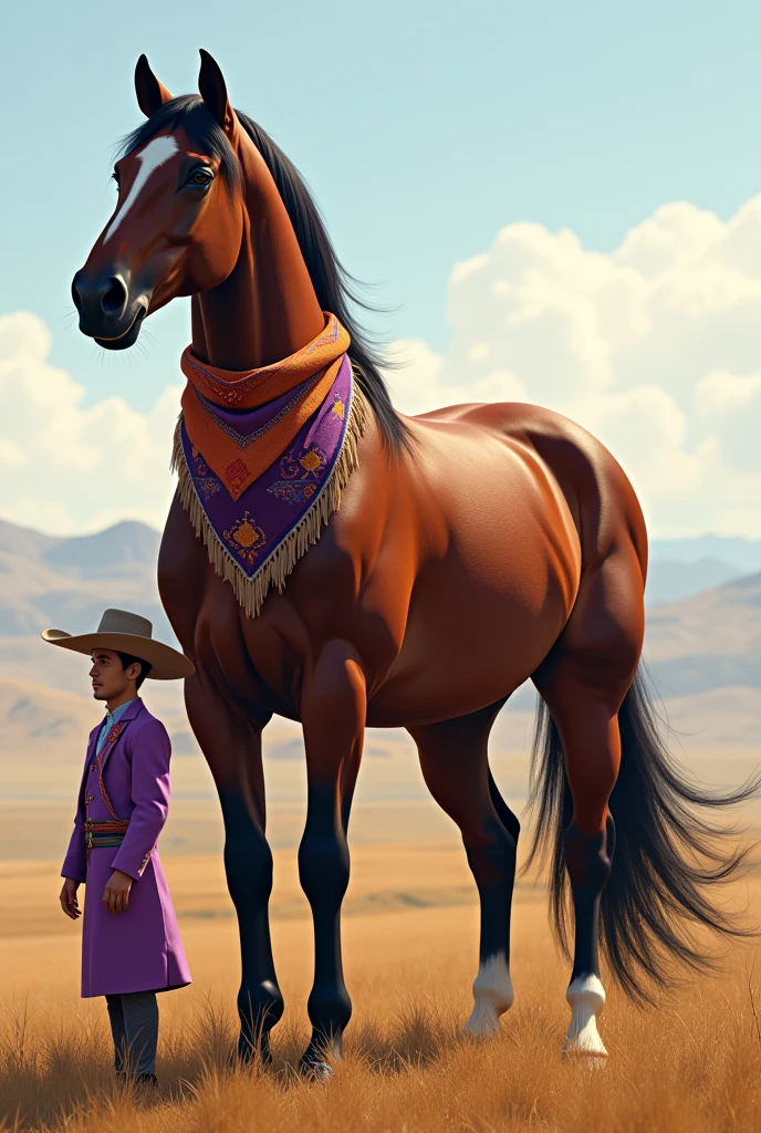 Imposing brown thoroughbred horse wearing a triangular scarf wrapped only around its neck, gaucho in lilac color with prairies in the background