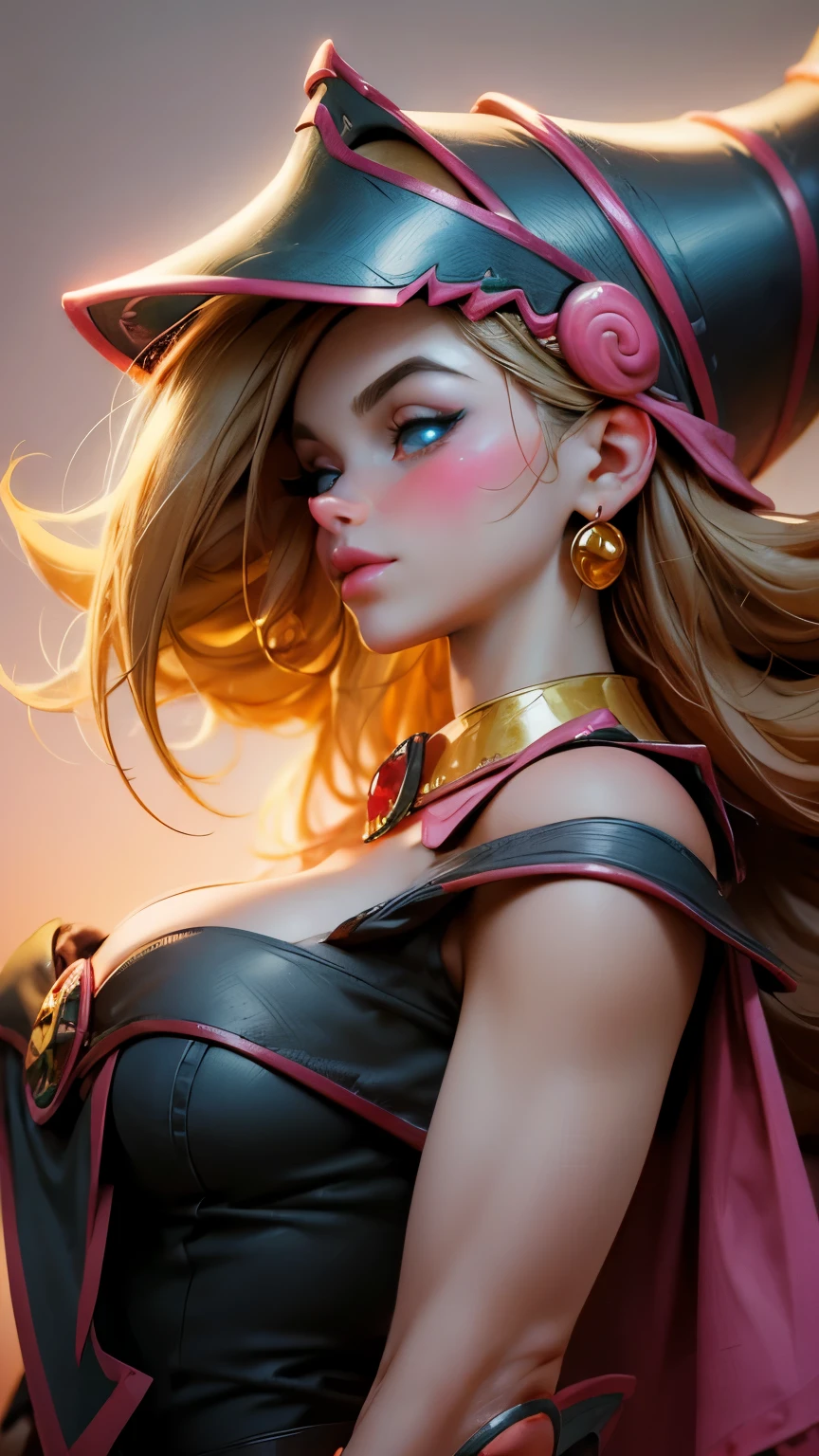 Beautiful face of dark wizard gils.. blue eyes. brio in the eyes. Large and thick false eyelashes, pink lips. blush on the cheeks, profile pose. Looking at one end. gold earrings. gold necklace. Slim neck. long golden hair. Great cleavage. big breasts.
