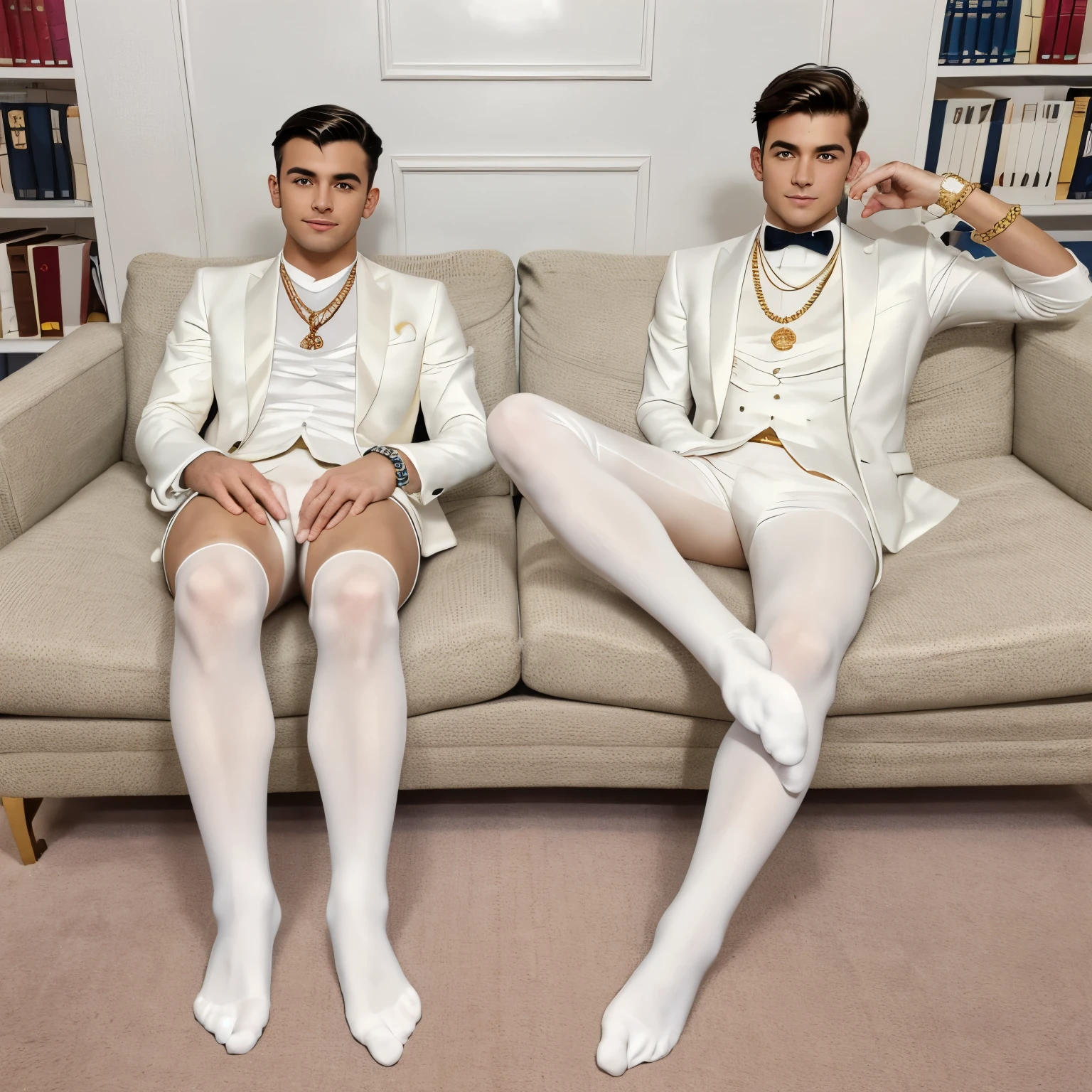 two young rich men in white tuxedos, wearing white thin socks, diamond and gold rings and bracelets, diamond watches, diamond and gold necklaces, lying in their socks on a confortable couch in the middle of a rich library, sniffing a pair of fitlhy stained old socks, showing off their white socked feet 