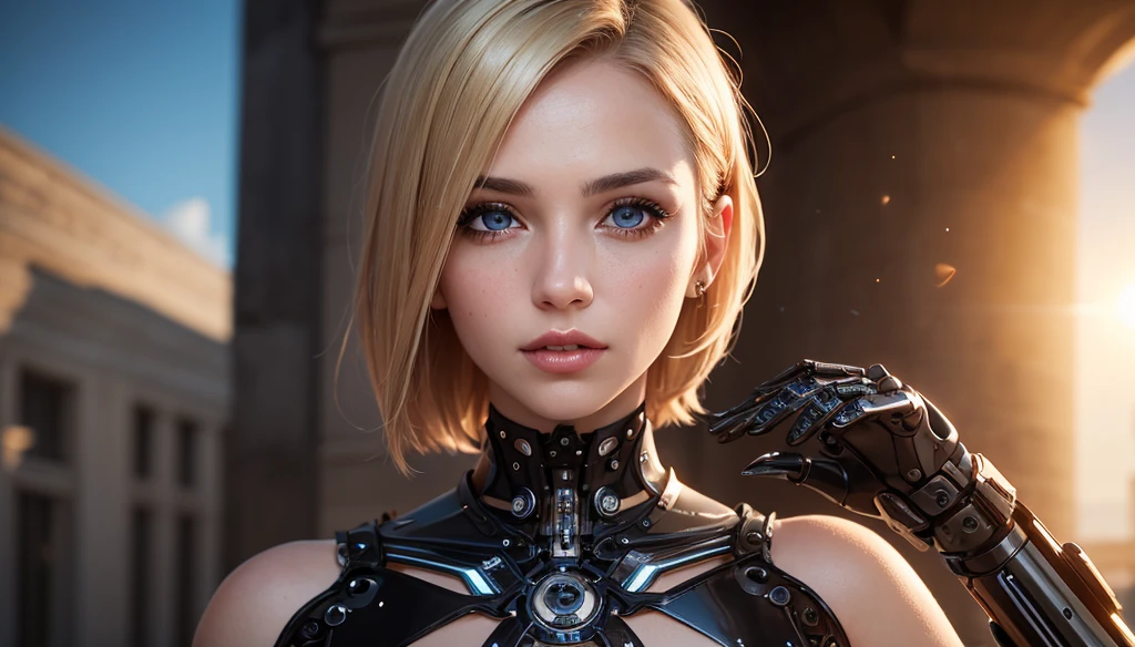 1mechanical girl,ultra realistic details, (portrait), global illumination, shadows, octane render, 8k, ultra sharp,intricate, ornaments detailed, cold colors, metal, egypician detail, highly intricate details, realistic light, trending on cgsociety, glowing eyes, facing camera, neon details, machanical limbs,blood vessels connected to tubes,mechanical vertebra attaching to back,mechanical cervial attaching to neck,sitting,wires and cables connecting to head