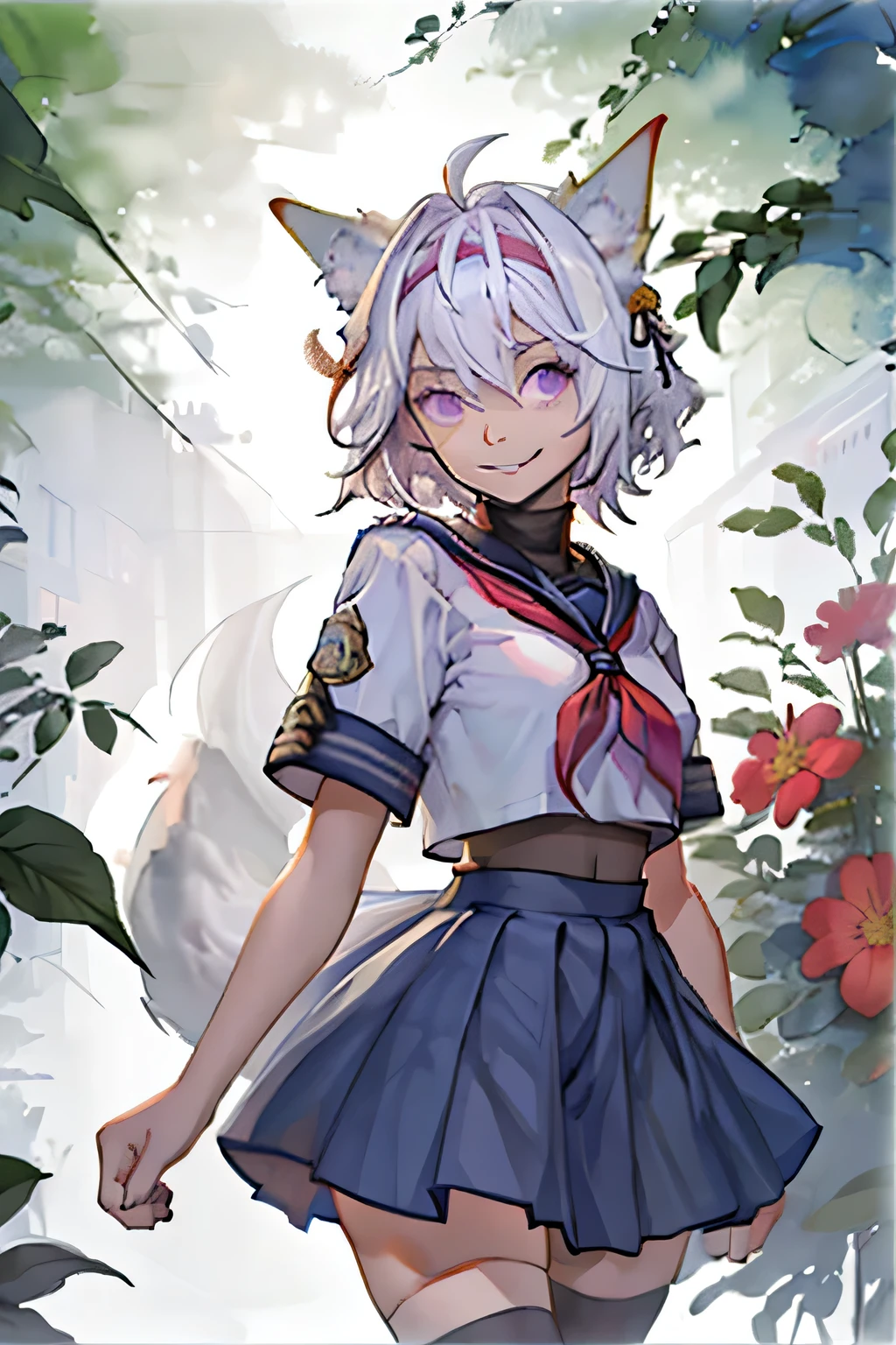 masterpiece, best quality, 1girl, solo, looking at viewer, watercolor art, filian, purple eyes, white hair, short hair, ahoge, animal ears, hair bell, hairband, tail, purple nails, garden of words style, thighhighs, school_uniform, serafuku, black_thighhighs, neckerchief, red_neckerchief, short_sleeves, animal_ear_fluff, ahoge, white_shirt, sailor_collar, navy_pleated_skirt, smile, fox_ears, hair_bell, 