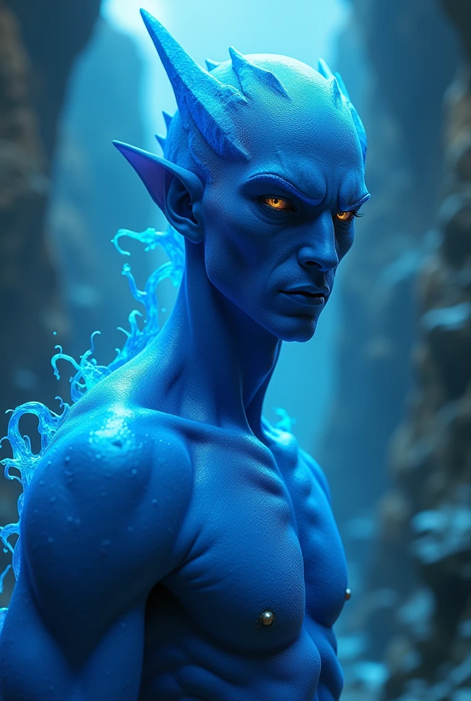 Being fantastic in bright blue, with textures on the skin, long arms and legs, with a beautiful face but not human and slightly masculine