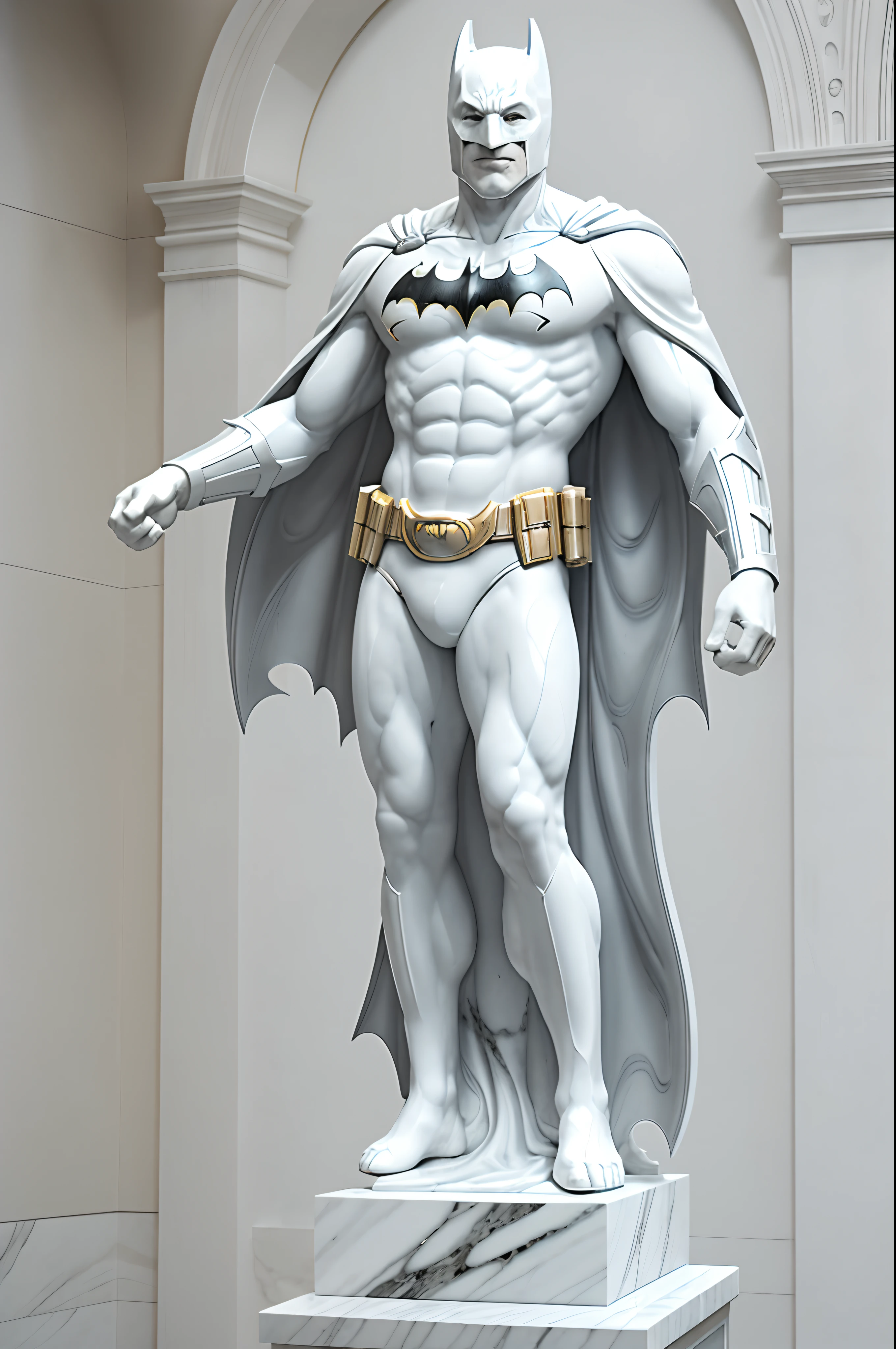 (work of art: 1.3), (best qualityer), (8k, 16K), (details Intricate), realisitic, ((Batman realisitic White Marble Statue: 1.4)), colorless marble, Pure White Statue, Posing in Fantasy, neutral background, art Gallery, fotorrealisitic, Cinematic scene, ultra detail, hiperrealisitic, realisitic Shadows, Museum lighting, searchlight, hight contrast, Integrated marble pedestal, whole body,