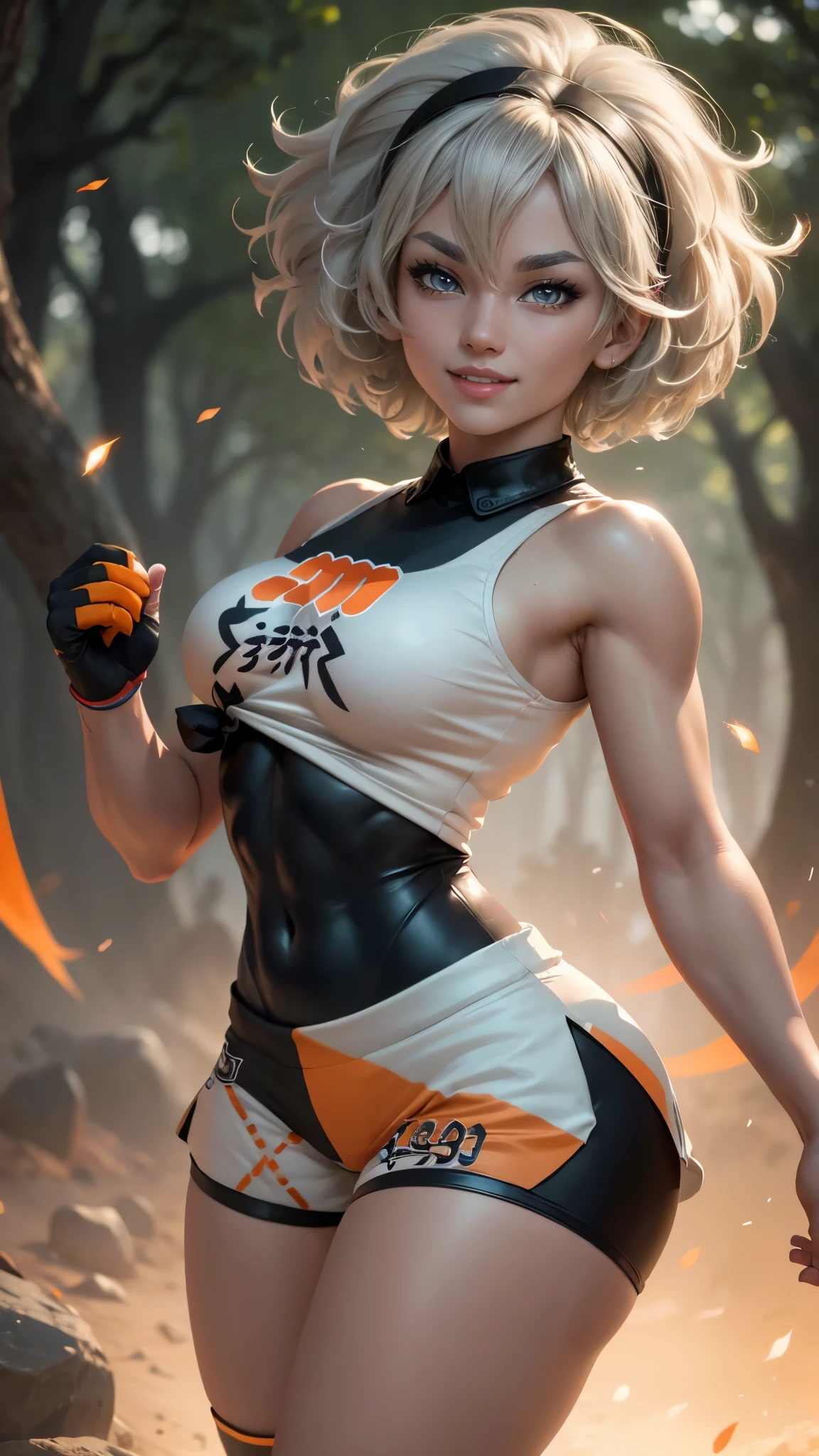 Bea da pokemon,(best qualityer,4K,8k,high resolution,work of art:1.2)(weather: windy), spirit forest background, short curly hair, gray hair, cropped shirt, micro shorts, thigh high stockings, headband, gloves, leotard, ultra detailed,realistic,beautiful detailed gray eyes, beautiful detailed lips,extremely detailed eye and face, long eyelashes,average,large breasts,flying hair,beaming smile, sexy smile, kung fu stance, bright coloured, dramatic lighting,