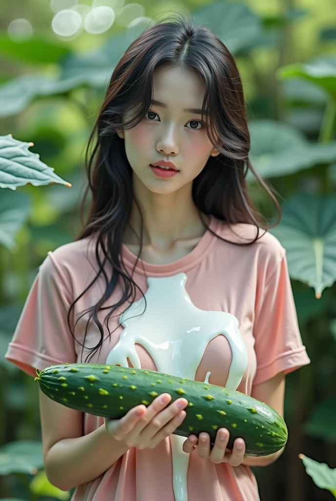 (top-quality、8K、masterpiece: 1.3)),((Translucent tentacles wrap around the neck)),(((I'm wearing a thin fairy dress)))、Licking with your tongue、Pure Idol、japanes、((Layered Hair Style、Colossal tits: 1.2)),Voluminous bust size、Wow big, masutepiece, Best Quality, wall-paper, Giant carnivorous plant with green tentacles, ,in woods,Photorealistic, High resolution, Detailed