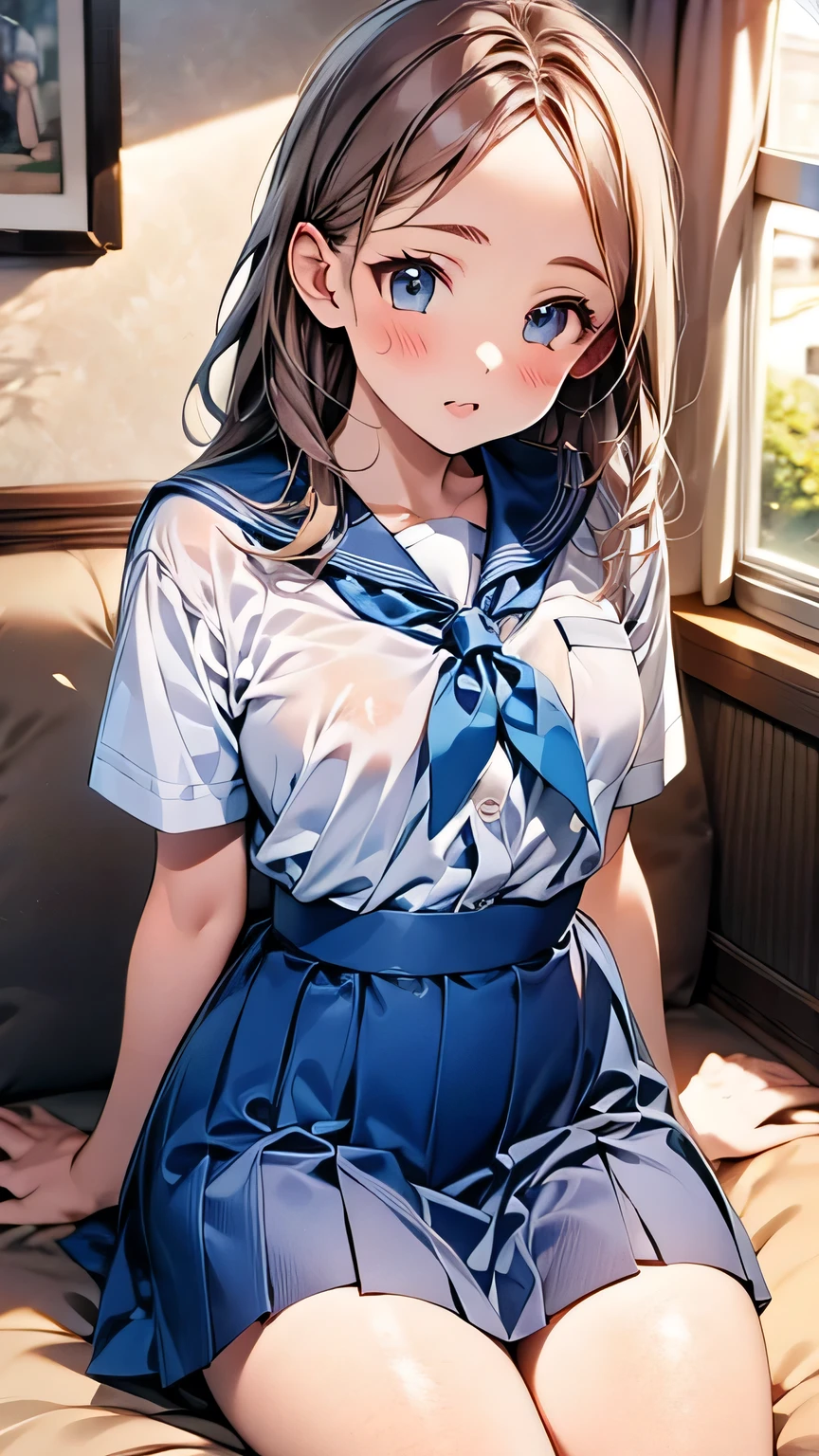 masterpiece, best quality, AiHayasakaV4, 1girl, solo, breasts, looking at viewer, blush, bangs, blue eyes, blonde hair, simple background, shirt, hair ornament, white background, hair between eyes, jewelry, closed mouth, school uniform, white shirt, upper body, collared shirt, necklace, side ponytail, scrunchie, hair scrunchie, blue nails, blue scrunchie, shuuchiin academy school uniform