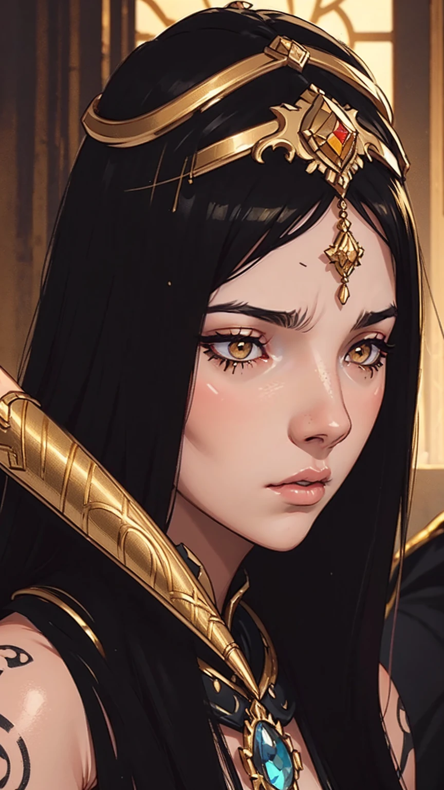 A beautiful girl is captured in an intense close-up, focusing only on his face in the middle of a gloomy and enigmatic environment. She wears a delicate gold crown that sits atop her loose, dark hair., Framing her face with an air of royalty and mysticism. his eyes, large and expressive, Shedding tears of bright gold that contrast dramatically with the darkness that surrounds her. Her pale skin glows slightly, Adorned with intricate gold tattoos that run across her cheeks and neck, adding a touch of ancient magic and mystery. Small golden piercings decorate her eyebrows, Nose and lips, reflecting the light of the golden tears as they run down her cheeks. The scene conveys a mix of sadness and power., as if the girl was caught in a moment of deep emotion, but with an aura of mystery that suggests a larger, darker story behind its beauty. the atmosphere, enveloping and full of melancholy, recalls the dark and detailed fantasy aesthetic, where every golden tear, Tattoos and piercings symbolize an ancient power or a hidden curse.