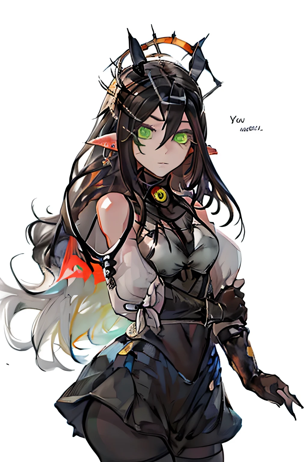 masterpiece, best quality, 1girl, solo, looking at viewer, watercolor art, garden of words style, layna lazar, pale skin, lime green eyes, long ears pointed down, black sclera, black hair, 1girl, pointy_ears, long_hair, green_eyes, black_hair, elbow_gloves, gloves, holding, very_long_hair, hair_between_eyes, looking_at_viewer, black_nails, black_dress, covered_navel, dress, black_pantyhose, virtual_youtuber, leotard, bangs, black_gloves, white_background, halo, thank_you