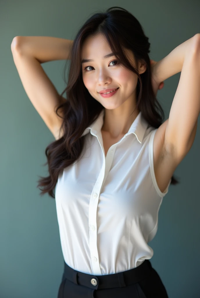 A japanese Lady,masutepiece, High quality, UHD 32K,Live-action adaptation,Muscular realistic face,Super huge breasts, Realistic skin feeling,33 years old,solo,muscular,shiny tight pretty wet gray open shirt,viewer,erect through,frontal photography,dark locker room,arms up behind the head,smile