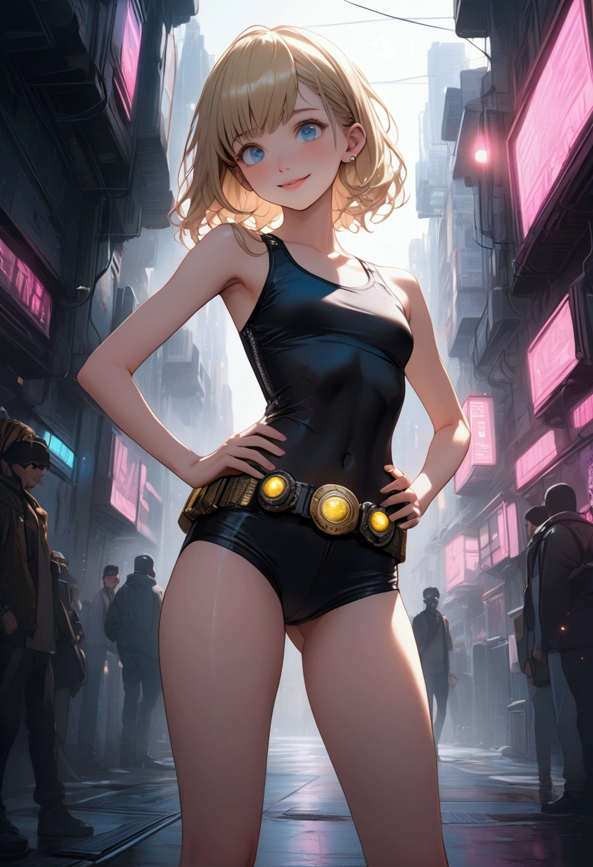 (8k),(masterpiece),(Japanese),(8-year-old girl),((innocent look)),((Childish)),From the front,smile,cute,Innocent,Kind eyes,Flat chest,Hairless vagina, Cameltoe, Cinderella,short,Hair blowing in the wind,blonde Hair,Strong wind,night,dark, Neon light cyberpunk Disneyland, cyberworld 