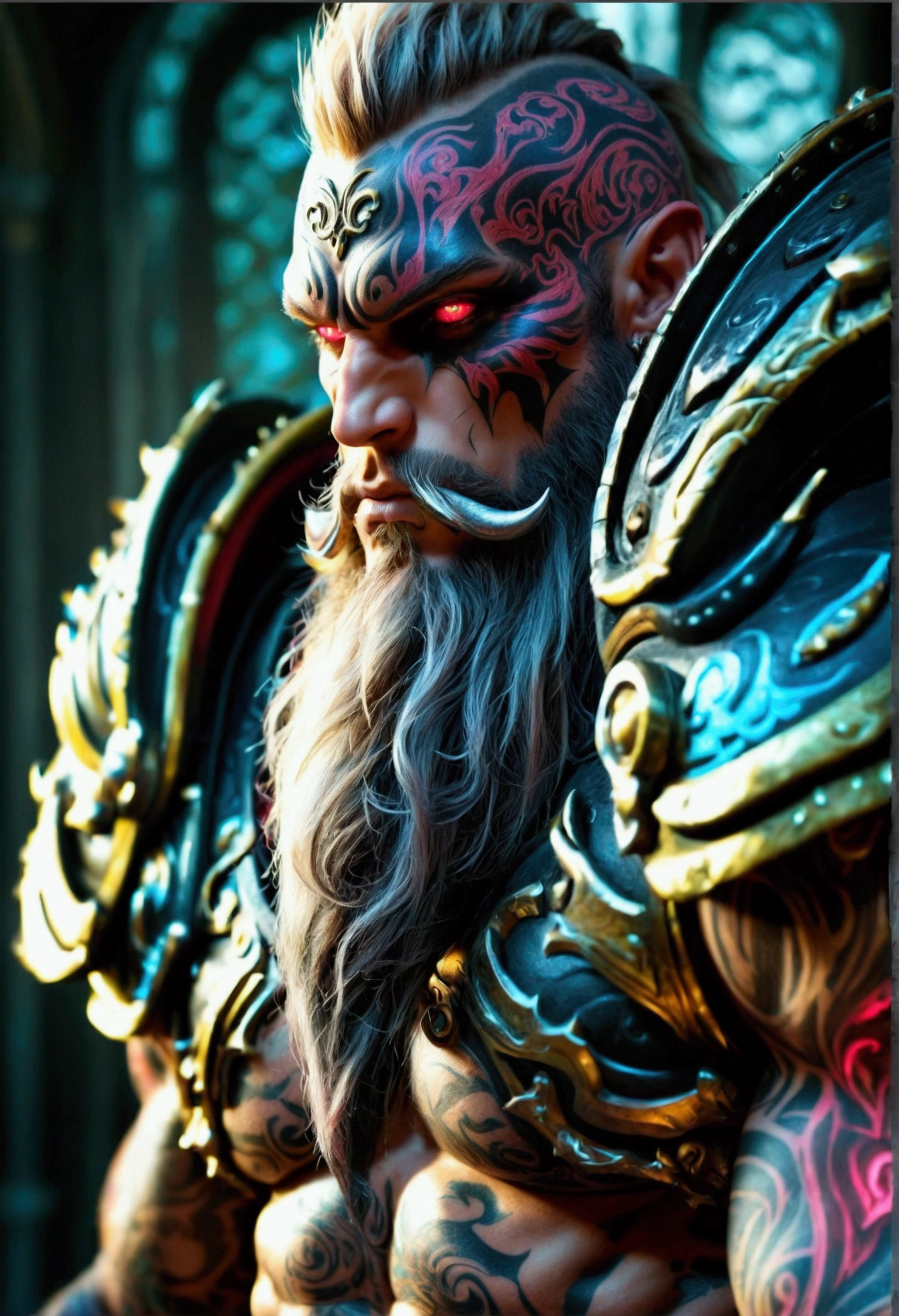 Create a hyper detailed photograph of a tattooed large muscular young berserker deathknight, Stunningly perfect gorgeous face, perfect makeup, detailed vibrant neon ruby eyes, large beautiful muscular legs, large beautiful muscular arms, perfect chiseled body, large muscular abs, detailed silky smooth skin, long hair, masculine facial hair,
