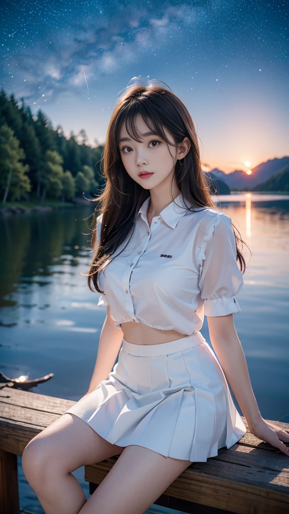 ulzzang-6500-v1.1, (RAW photo: 1.2), (Real photo), (Real photo: 1.4), 1 girl、Perfect anatomy、1、Looking at the camera、Medium length hair、white skirt, beside a vast lake in the middle of a wild forest, ((under the night sky with stars: 1.1))、 (Business service)、Asian eyes Ella,