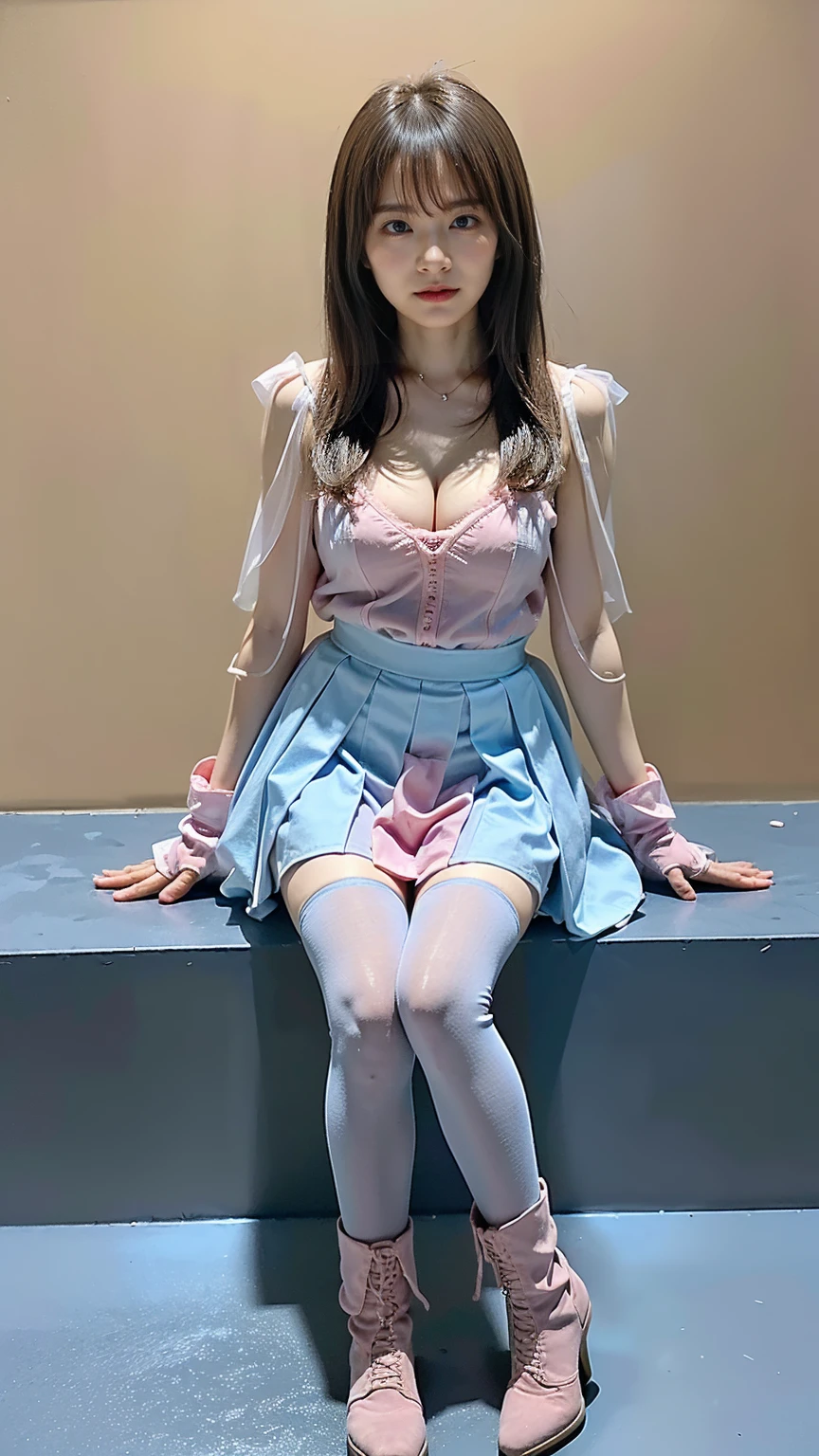 (8k、RAW Photos、Highest quality、masterpiece:1.2)、(Realistic、Realistic)、1 person、((Light blue and pink、See-through、Cleavage、tights、Gloves、mini skirt、Thin legs、whole body、boots、View from the front、Looking into the camera、basement、Sitting))、cute